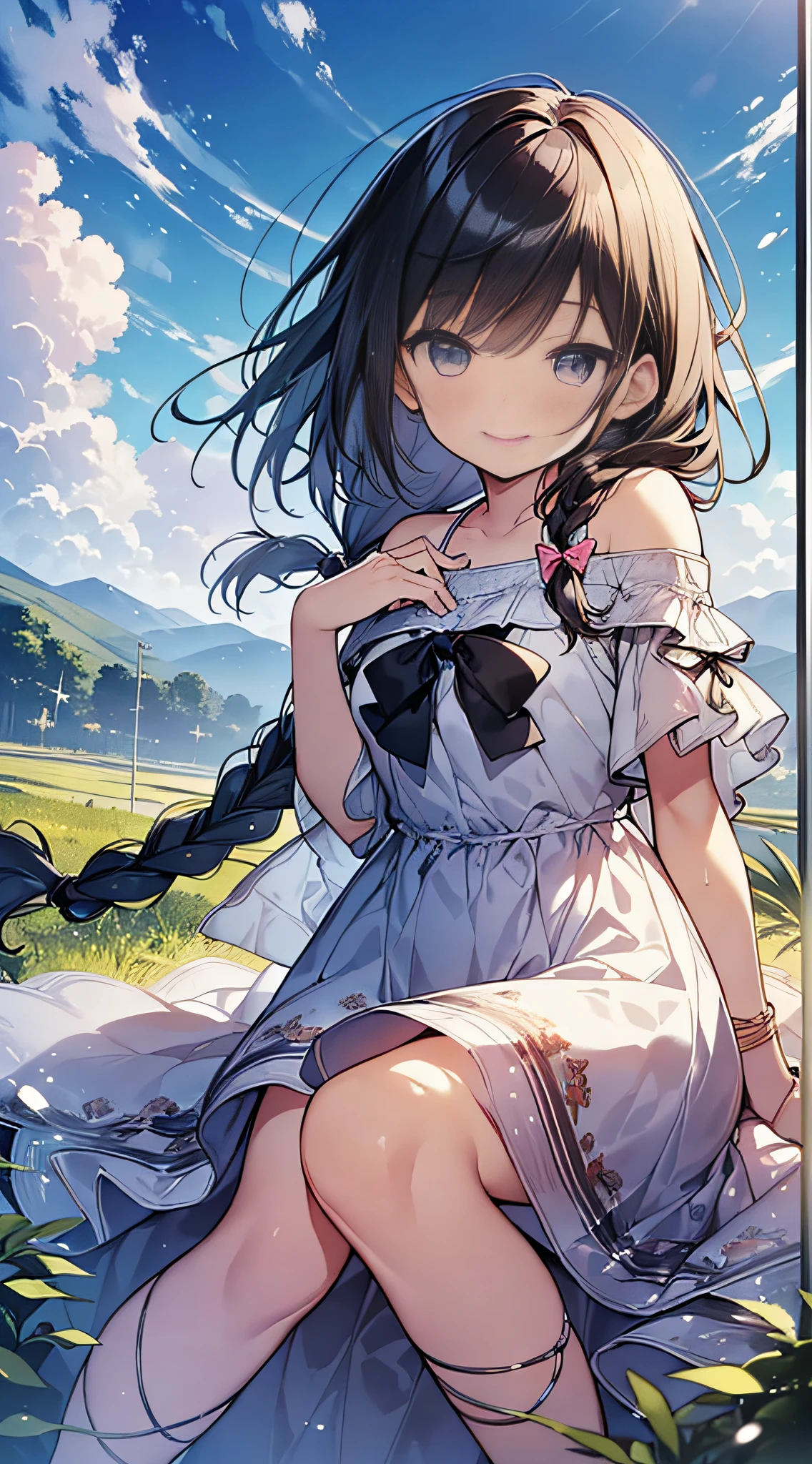 Top Quality, Masterpiece, Ultra High Definition, 8K, Summer Sky, Early Summer, (((Summer Outfit)), Shojo Manga Style , One, Soft Line Art, Digital Enhancement, Shojo Manga Touch, Shojo Manga Core, Flowing Fabric, Close Up, (Hair length to shoulders and short braid)), wet hair, staring at us from the front, soft drawing, beautiful black hair, clear eyes, (((teasing smile)) , Ultra-detailed digital anime art, clear face depiction, ultra-detailed shoujo manga character art, ultra-detailed manga style, top quality colors, hand gestures, landscape with nature, looking up at the sky, angle that can be seen up to the feet