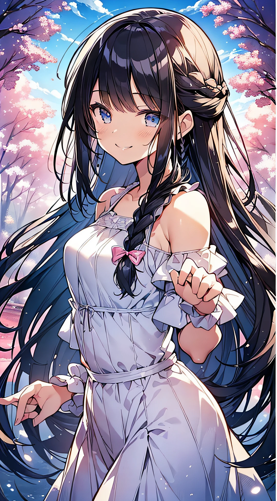 Top Quality, Masterpiece, Ultra High Definition, 8K, Summer Sky, Early Summer, (((Summer Outfit)), Shojo Manga Style Loli, One, Soft Line Art, Digital Enhancement, Shojo Manga Touch, Shojo Manga Core, Flowing Fabric, Close Up, (Hair length to shoulders and short braid)), wet hair, staring at us from the front, soft drawing, beautiful black hair, clear eyes, (((teasing smile)) , Ultra-detailed digital anime art, clear face depiction, ultra-detailed shoujo manga character art, ultra-detailed manga style, top quality colors, hand gestures, landscape with nature, looking up at the sky, angle that can be seen up to the feet