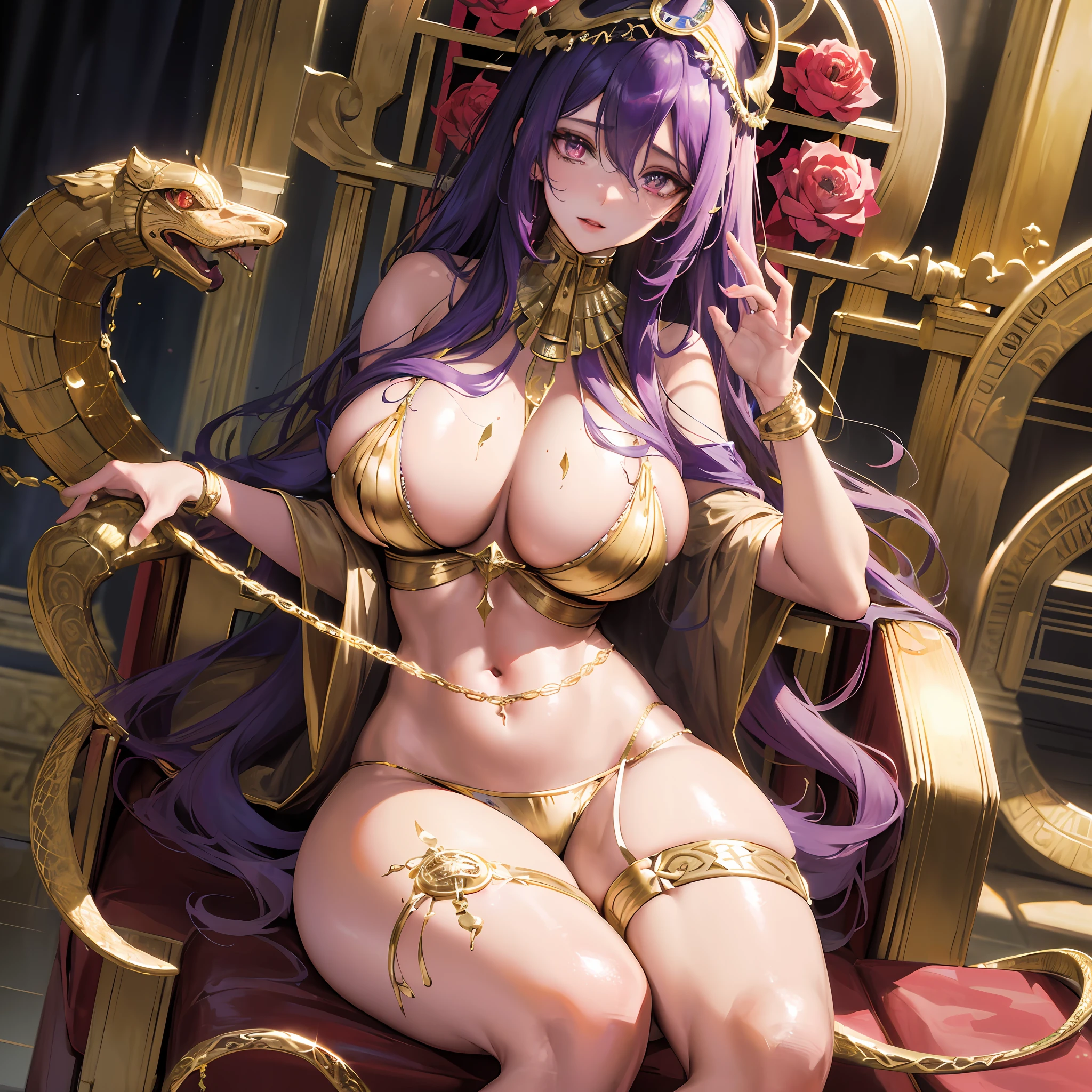 Isis, Egyptian goddess of life, goddess of magic, goddess of marriage, goddess of fertility, perfect woman, protector of the undead and young children, embodiment of the throne, immortality, powerful mage, witch grandmaster, incarnation of Sirius, goddess of rebirth and reincarnation, friend of slaves, mother of the great pharaoh, faithful wife, the first virgin, sitting on a gorgeous altar, holding a lotus flower, (majesty, dignified, holy), huge serpent, purple curly hair, head with horns, crying, ((oversized breasts)), plump, Seductive cleavage, shiny skin, (snake-related), many fine Egyptian jewelry, Egyptian style, perfect flesh full of texture, natural rendering, captivating visual enjoyment, ((best quality)), half-body, (epic lighting), ((masterpiece)), maximum definition, illustrations, (super detailed face), sharp textures, ultra-high-definition detail display, excellent image performance, high-quality illustrations, perfect fit harmonious tones, deep lines, precise brushstrokes, wonderful color scheme, Intricate details