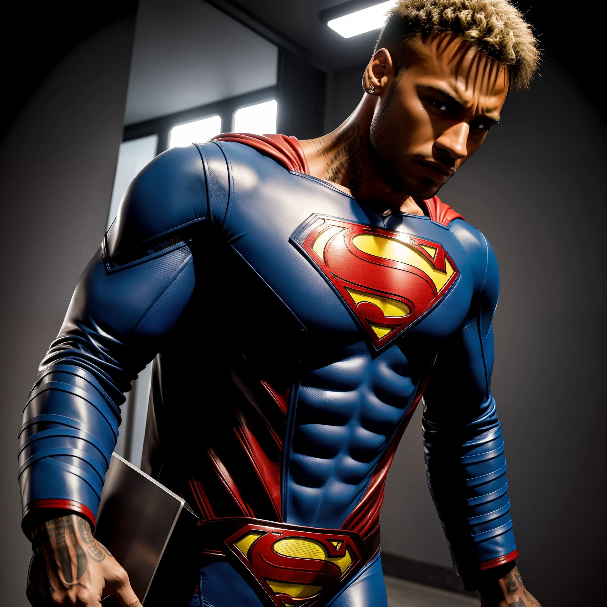 4k, Neymar face, superman, muscular body, leather suit