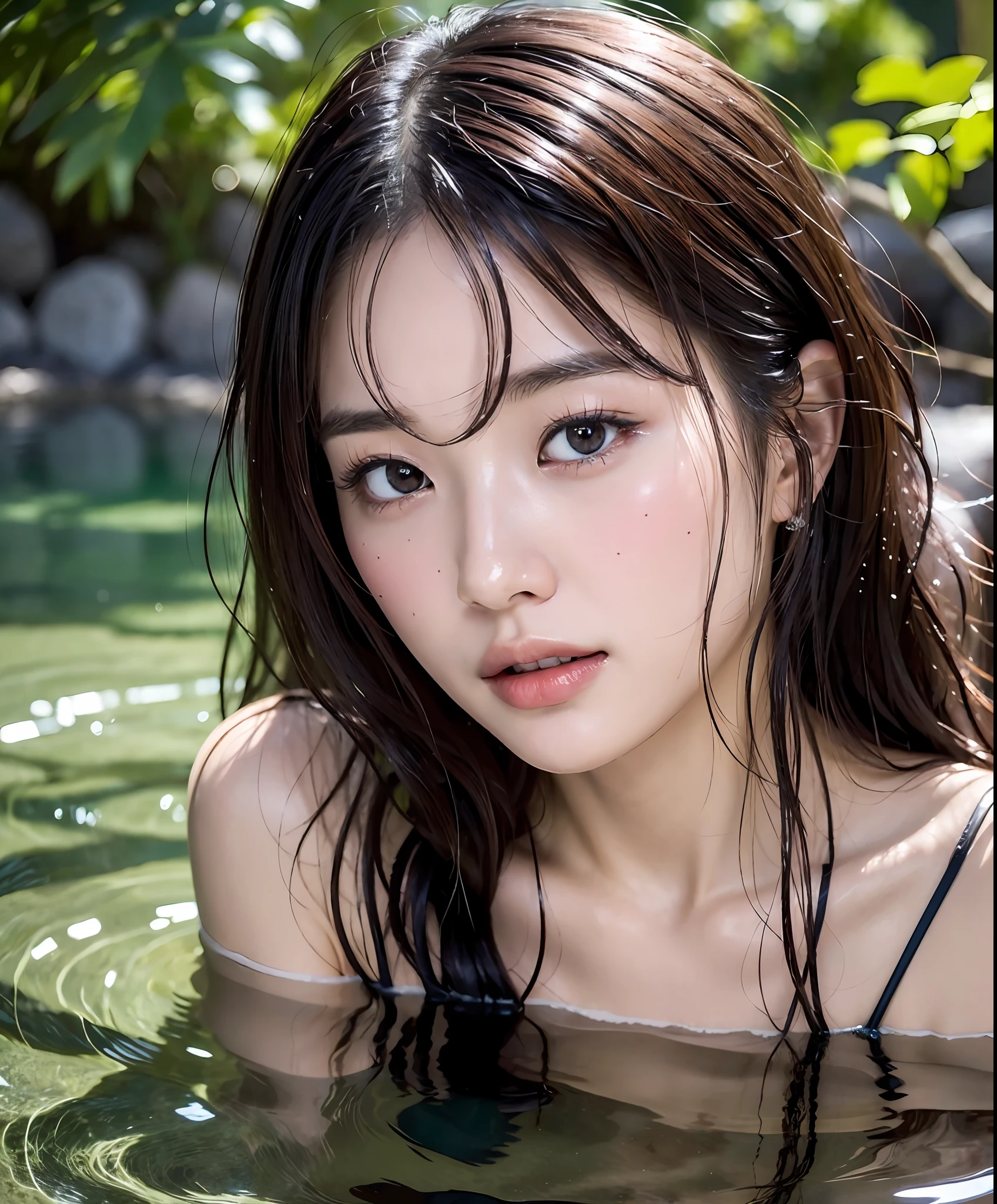 ((top quality, 8k, masterpiece: 1.3)), women (bathing in hot springs), sweating, water droplets on forehead of the face, outdoors, background forest, overhead camera, sharp focus: 1.2, cute women: 1.4, (layered haircut)), (white shirt), very detailed face and skin and hair texture, knotted black hair, wet texture hair, wet body, detailed eyes, double eyelids, White skin, beautiful legs, beautiful delicate nose, cute young Japan woman, 28 years old, with dynamic angles, creating melancholy emotions characterized by calm tones and contrasting mixes of light and shadow, while emphasizing the subject's hair, eyes, mouth and action, it is a composition pleasing to the eye and suggestive.