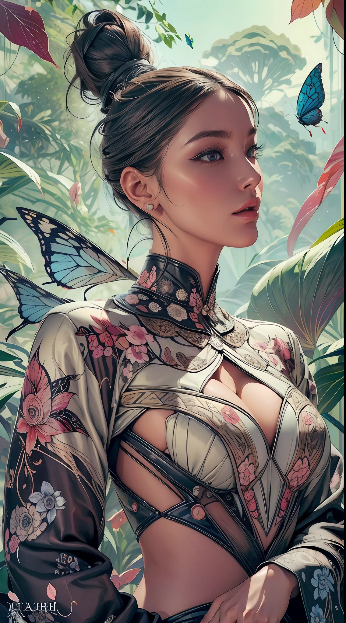 (fashion magazine cover:1.2),abstract shapes, sharp and detailed, (1 beautiful girl), mandalas, butterflies, (amazing visual design:1.2)