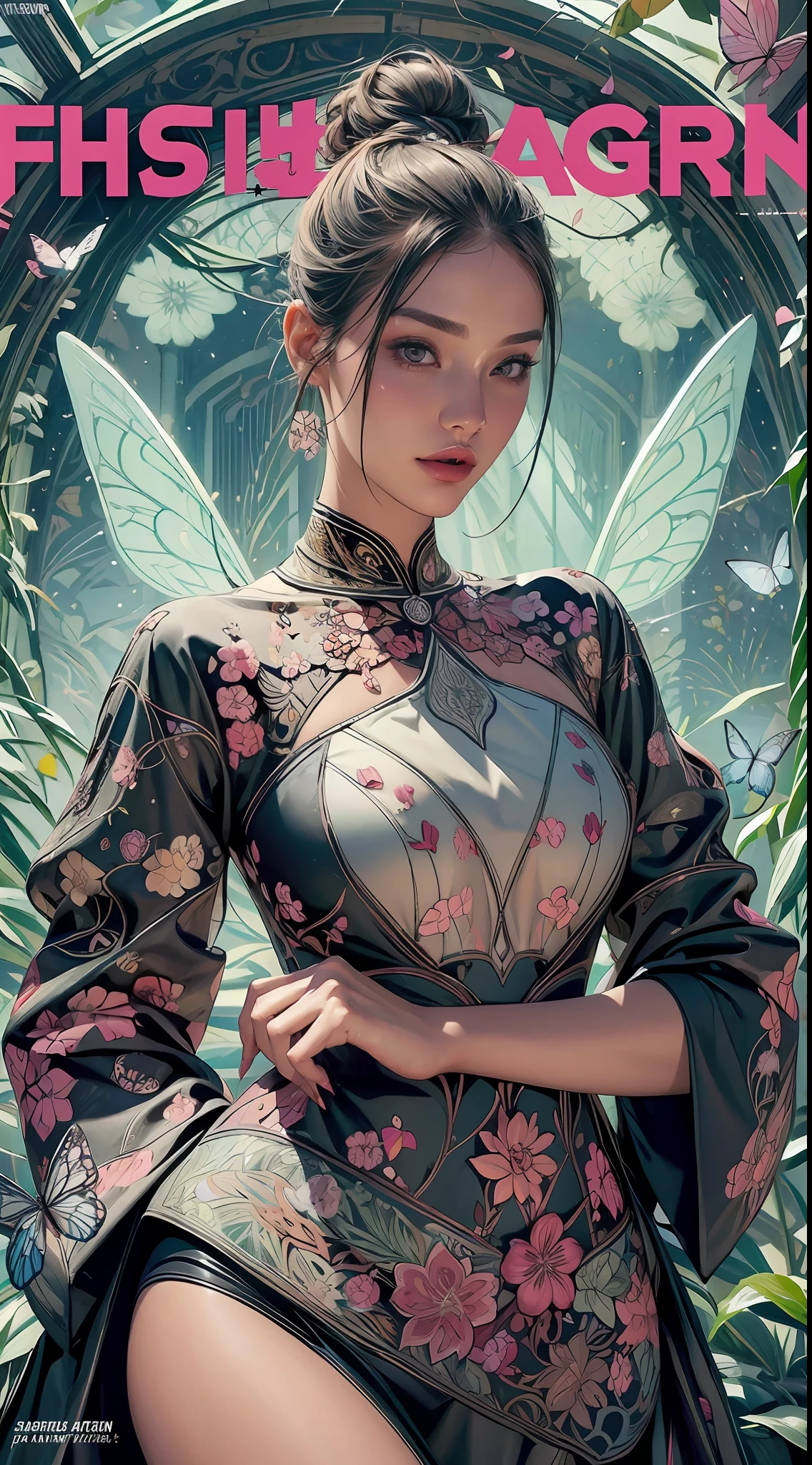 (fashion magazine cover:1.2),abstract shapes, sharp and detailed, (1 beautiful girl), mandalas, butterflies, (amazing visual design:1.2)