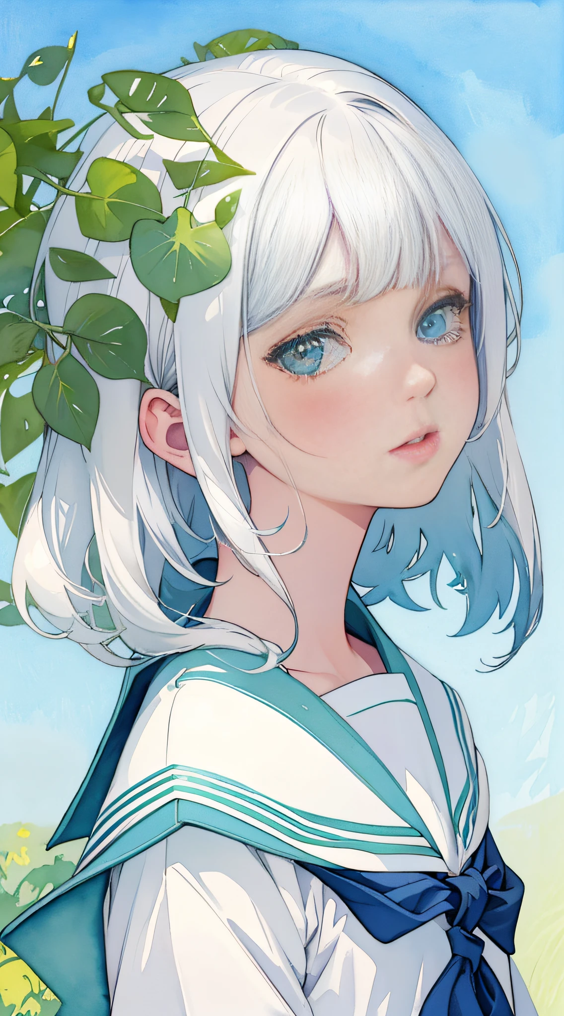 masterpiece, best quality, illustration, watercolor, flat color, blue sky, 1girl, close-up, straight-on, looking at viewer, detailed medium white hair, green eyes, serafuku, parted lips