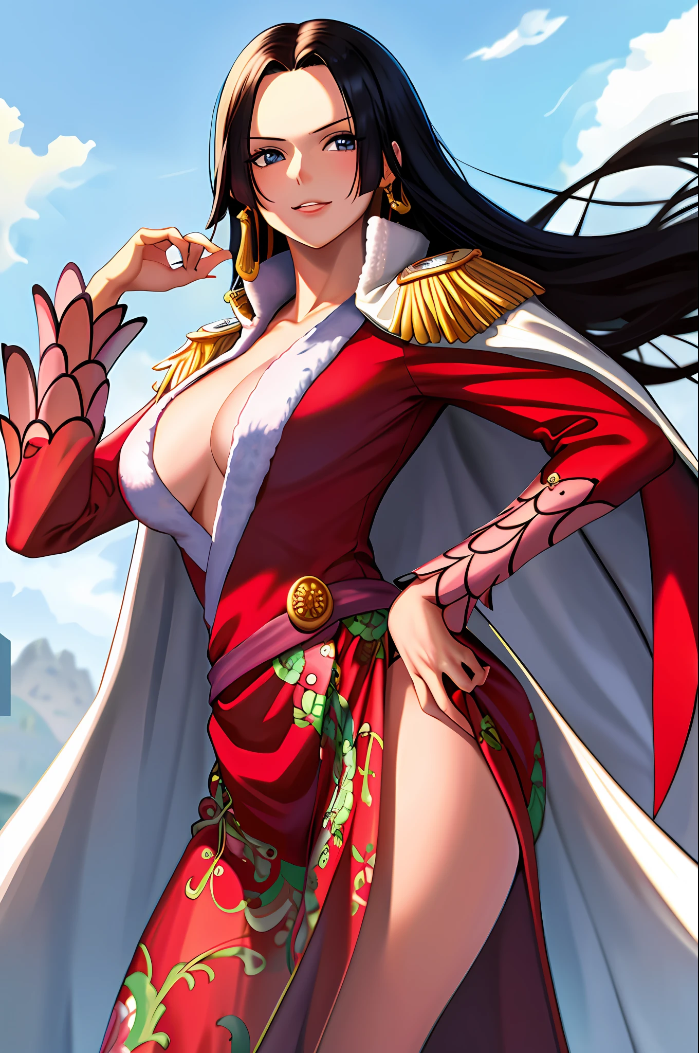 masterpiece, best quality, highres, hancock1, 1girl, boa hancock, large breasts, long hair, epaulettes, cape, side slit, cowboy shot, standing, looking at viewer, sexy pose, safe for work,