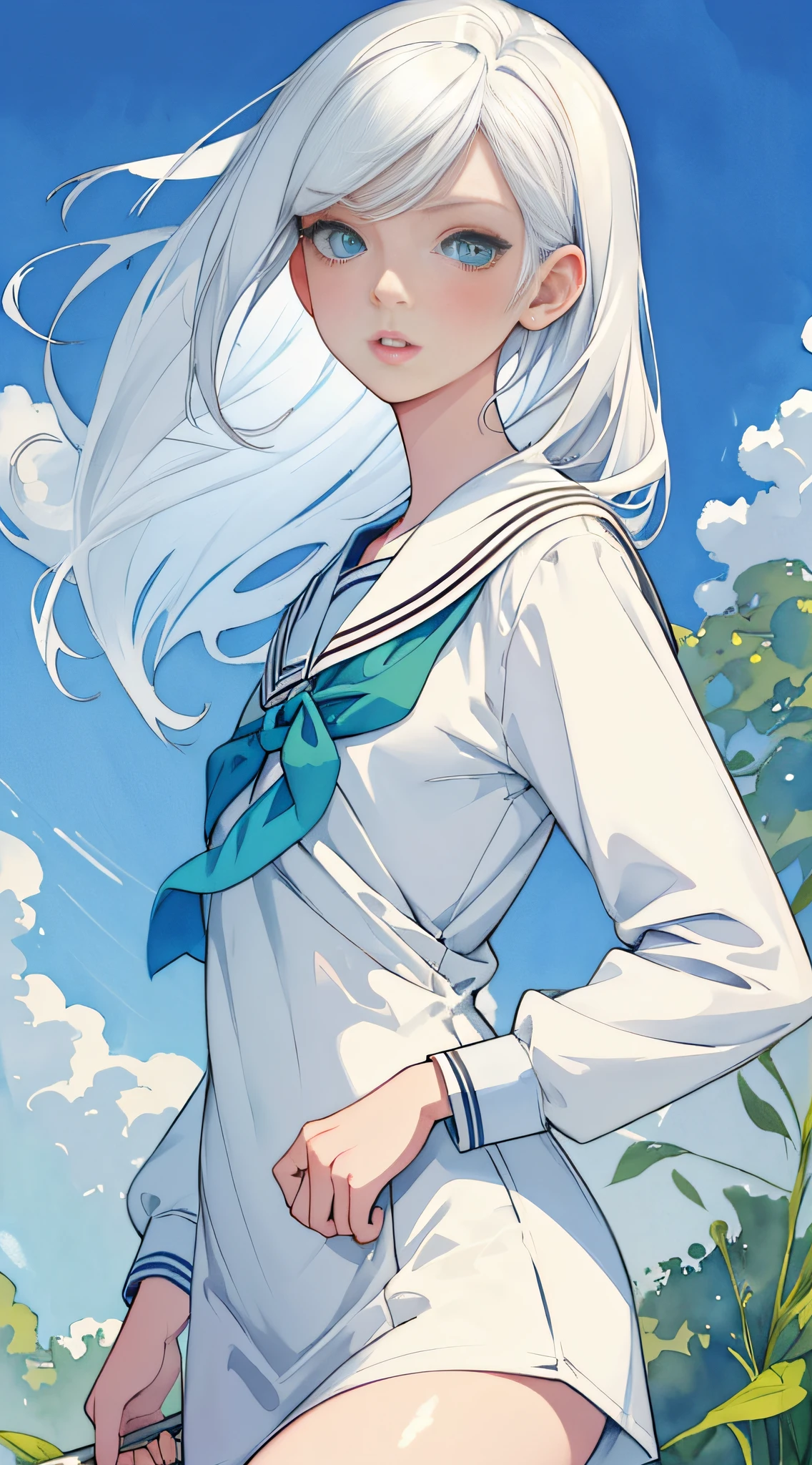 masterpiece, best quality, illustration, watercolor, flat color, blue sky, 1girl, close-up, straight-on, looking at viewer, detailed medium white hair, green eyes, serafuku, parted lips