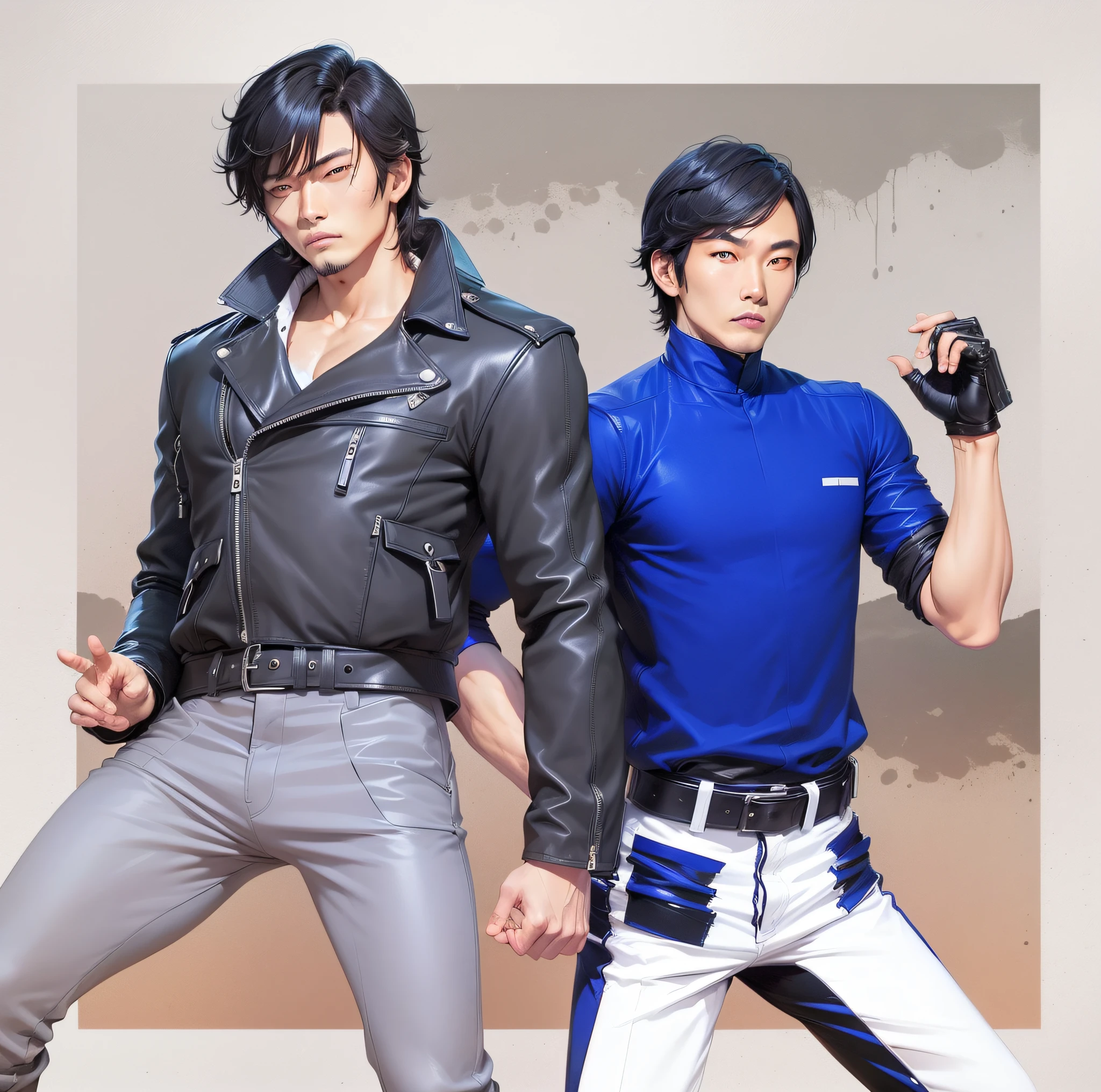 Takeshi Hongo and Hayato Ichimonji Normal skin tone Black hair Leather clothes Glaze pants White pants --auto --s2
