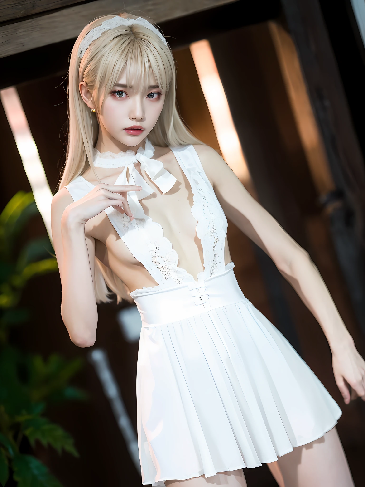 (best quality:1.4), ultra high res, (photorealistic, high resolution:1.4), (masterpiece:1.4), 8k resolution, (realistic, photo-realistic:1.37), HDR, (Kpop idol), androgynous boy, androgynous, professional lighting, finely detail, extremely detailed, extremely beautiful, highly detail face, beautiful detailed eyes, extremely delicate and beautiful boy, ((puffy eyes)), big eyes, full body, symmetrical, highly detailed skin, (shiny skin), (pale skin:1.2), (small breasts:1.2), slim and smooth lines, blushing, cute, innocent, simple beautiful background, narrow waist, cameltoe, cleavage, perfect anatomy, slender body, skinny, petite, skinny waist, bare legs, bangs, (see through bangs), (white hair:1.2), (light blonde hair:1.2), (aegyo sal), (ulzzang-6500), translucent clothes, (detailed clothes features), (floral|lace|ribbon|headband), (lace|elegant|translucent|miniskirt), (lace|elegant|translucent|blouse), (tight|short|sexy panties:1.2)