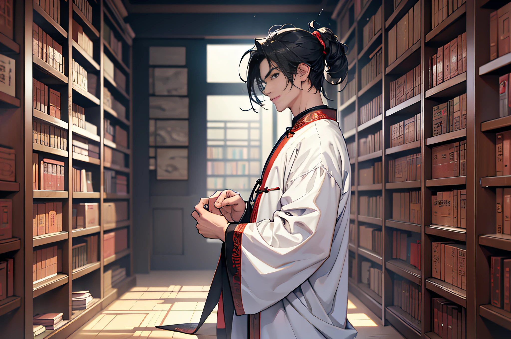 Best Quality, Masterpiece, High Resolution, 1boy, Ancient China, 18 years old, short black hair, tall, white pajamas, turn away, rows, bookshelf, library cabinet, 4k, 8k. Chinese ancient style. (High Detail Skin: 1.2), 8K UHD, DSLR, Soft Light, High Quality, Volumetric Light, Voyeur, Photo, High Resolution, 4K, 8K.