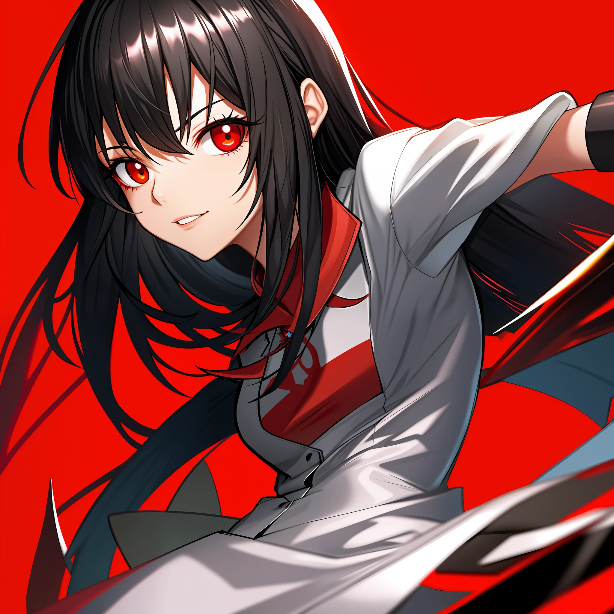 1girl, black hair, cross scar, eyelashes, greyscale, long hair, looking at viewer, [parted lips|smile], (red eyes:1.2) abstract red and black background, red and black theme, (red monochrome:1.2), sketch, Sketch, Manga Sketch, Pencil drawing, Manga, Manga style, Line art, vector art, red-monochromatic, by katsuhiro otomo and masamune shirow and studio ghilibi and yukito kishiro
