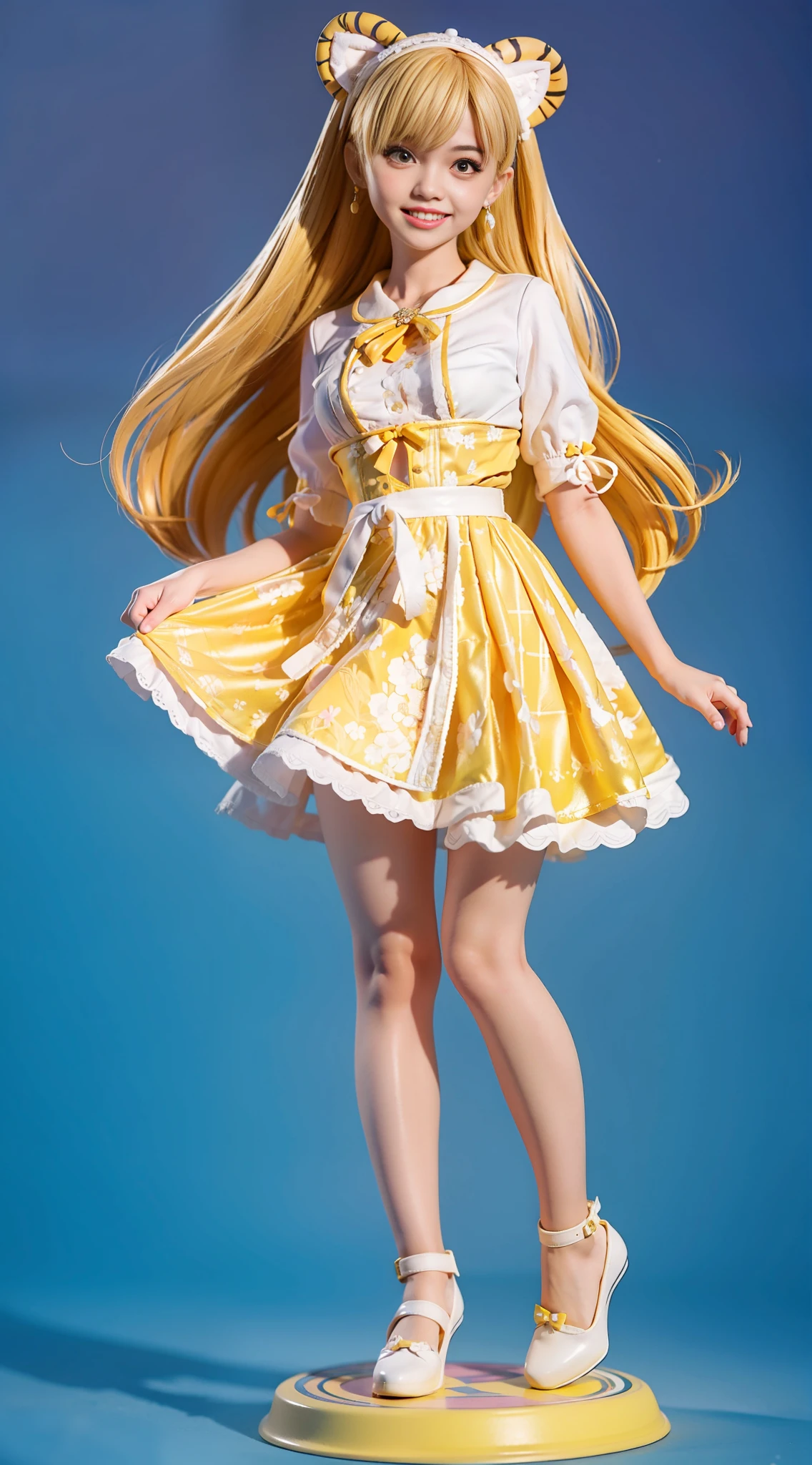 Disney Style, Box Doll, 1girl, (Anatomically correct), Full Body, (Masterpiece:1.1), (Best Quality:1.1), (White blouse:1.1), (Plaid Skirt:1.1), School Uniform, White Lace Short Skirt, Tiger Stockings, Yellow High Heels, Broken [yellow: pink: 0.5] theme, (gradient background: 1.1), denim shot, long hair, hair ring with tiger ears, yellow eyes, smile, delicate headdress, sideways, clay texture