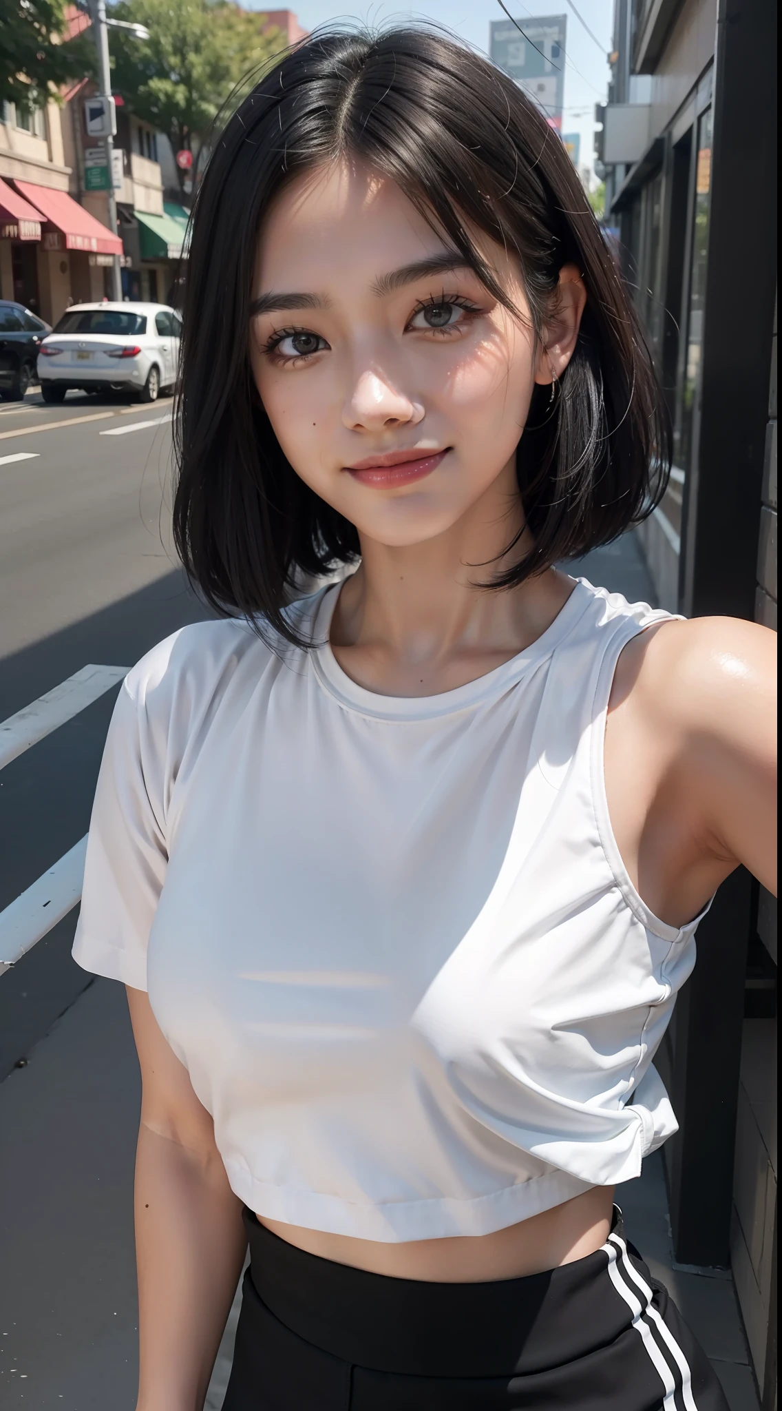 upper body, masterpiece, top quality, raw photo, photorealistic, big, face light, shiny skin, high resolution, ultra detail, detail, detailed eyes and face, sharp pupils, realistic pupils, sharp focus, shiny skin, smiling, black hair, sporty clothes, bob, rock-paper-scissors