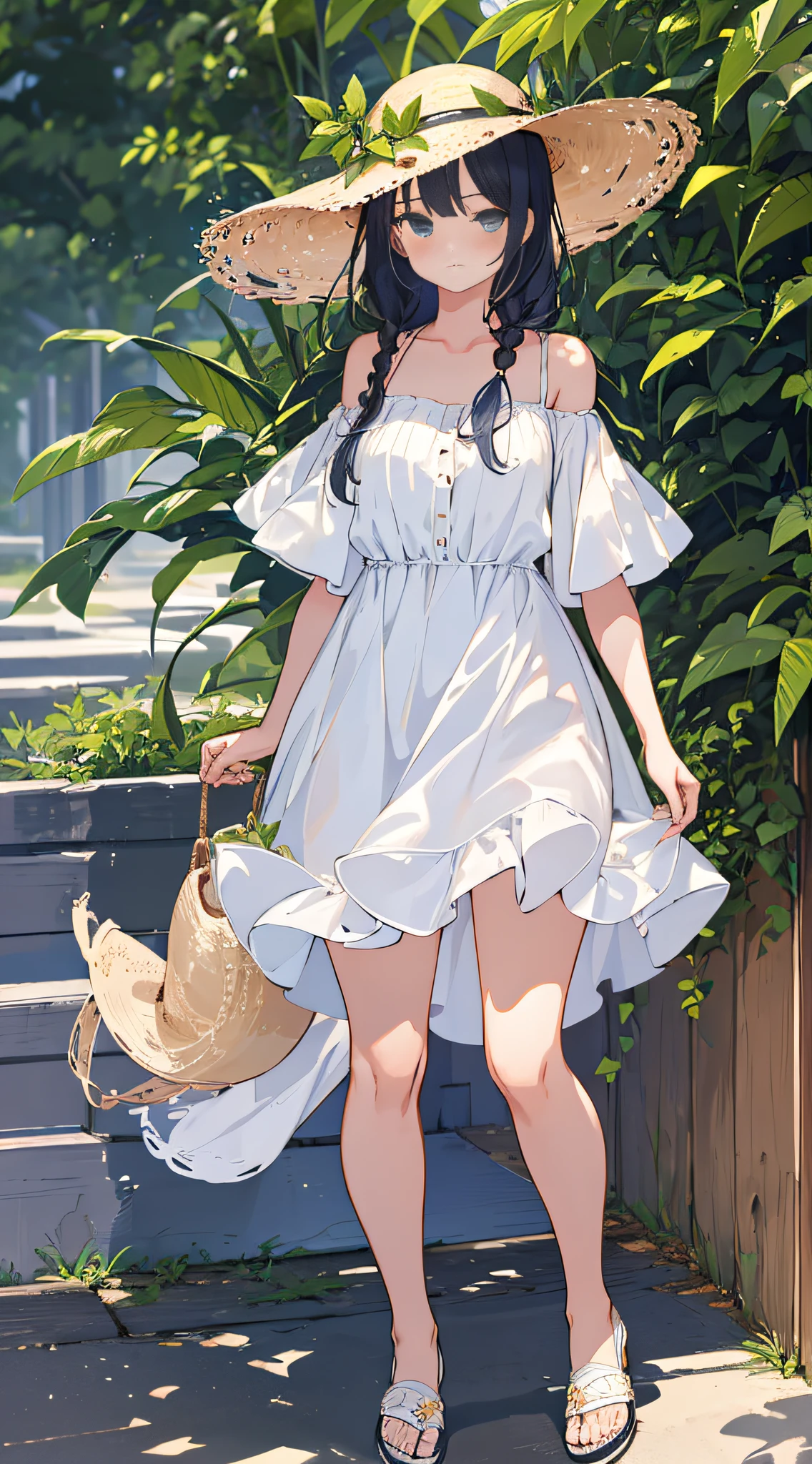 masterpiece, superb 1girl, solo, side_braidstreet, plant, (white dress), skirt, off-the-shoulder dress, bare shoulder, straw hat, (: &gt;), double braid,, full body, (sunshine), (), sandals, blush, collarbone, white shoes, miki bag summer, miki v2,,,