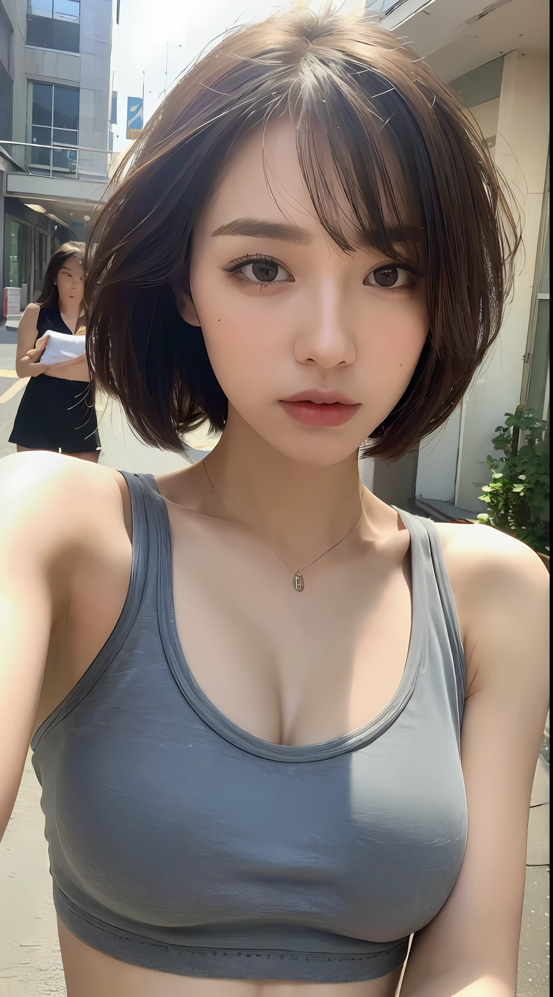 ((Best quality, 8k, Masterpiece :1.3)), Sharp focus :1.2, A pretty woman with perfect figure :1.4, Slender abs :1.2, ((Layered haircut, Big breasts :1.2)), (Tank top shirt :1.1), (Street :1.2), Highly detailed face and skin texture, Detailed eyes, Double eyelid
