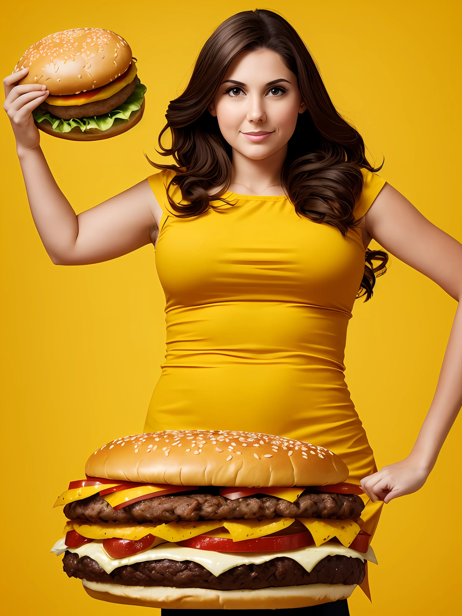 Yellow background, a 30-year-old woman, a huge hamburger on top of the woman.