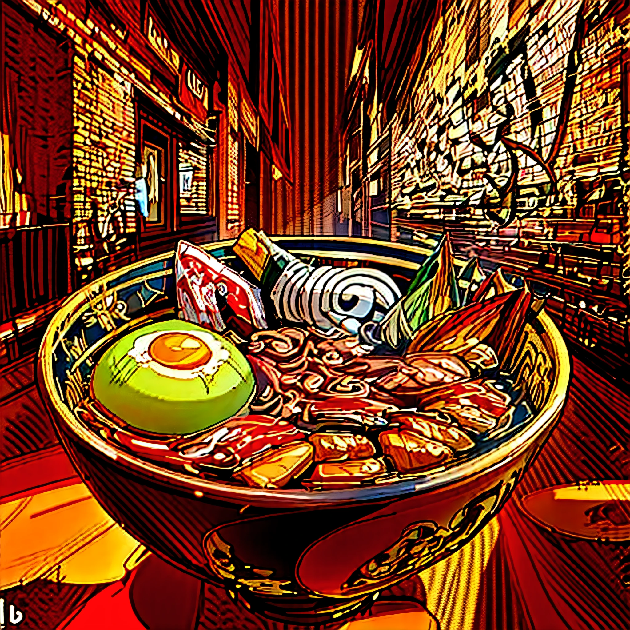 painting of a ramen bowl with an egg and meat, amazing food illustration, ramen, amazing digital art, beautiful digital art, by Eddie Mendoza, eating ramen, epic 3d illustrations, realistic photo of delicious pho, hyper detailed digital art, inspired by Tan Ting-pho, cyril rolling and goro fujita, anime food, dan mumford style artwork, shirt print, vector , PNG