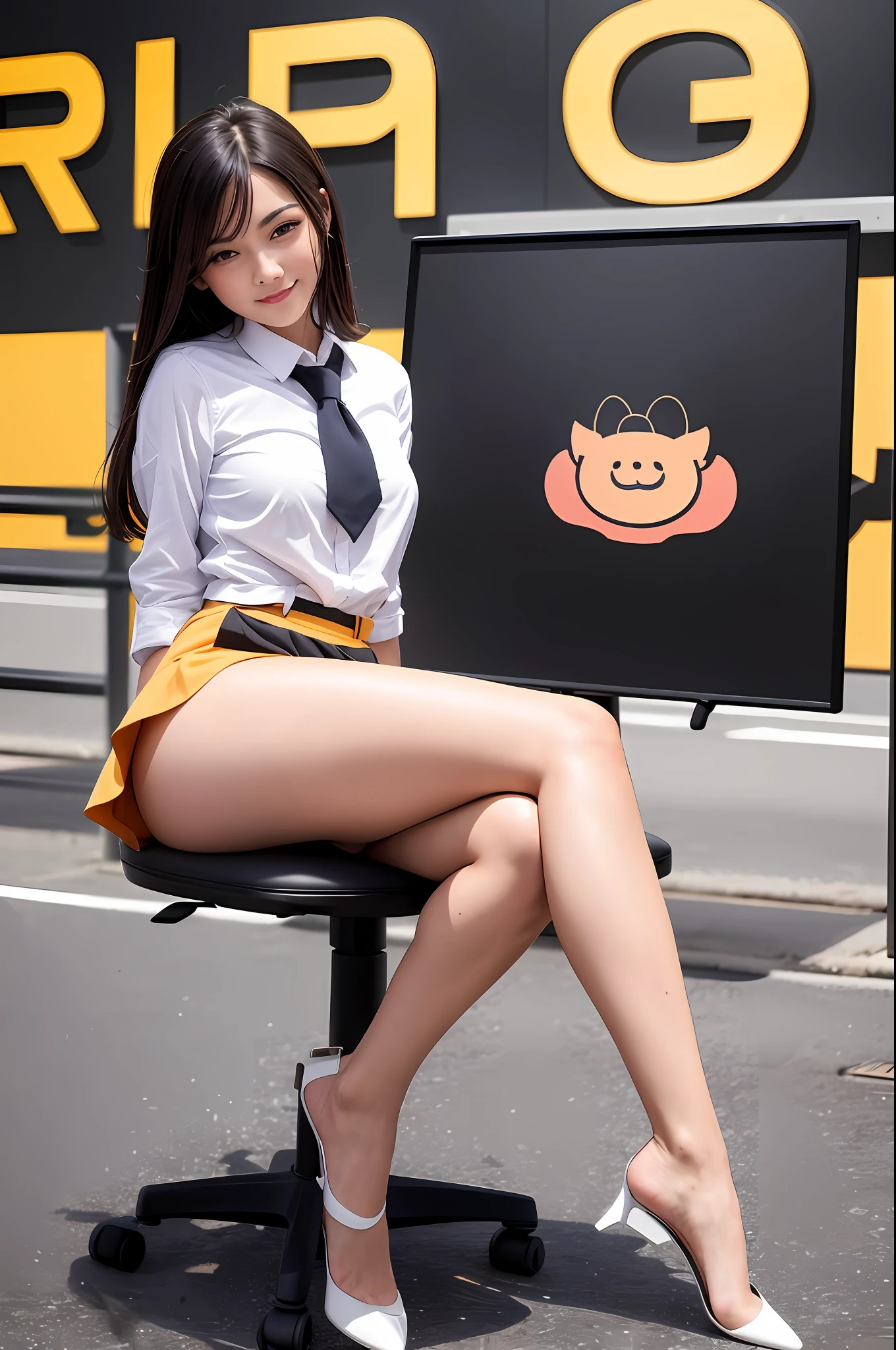 (8K), (Best Definition: 1.2), (Realistic), (Photorealistic: 1.37), Ultra High Definition, 1 Girl, Cute, Smile, Closed Mouth, Beautiful Details, Beautiful Nose, Full Body, Wet Hair, Colossal Dalsefo, Pork, School Uniform, Thighs, Sit on a Chair, Mini Skirt, Stretch Legs