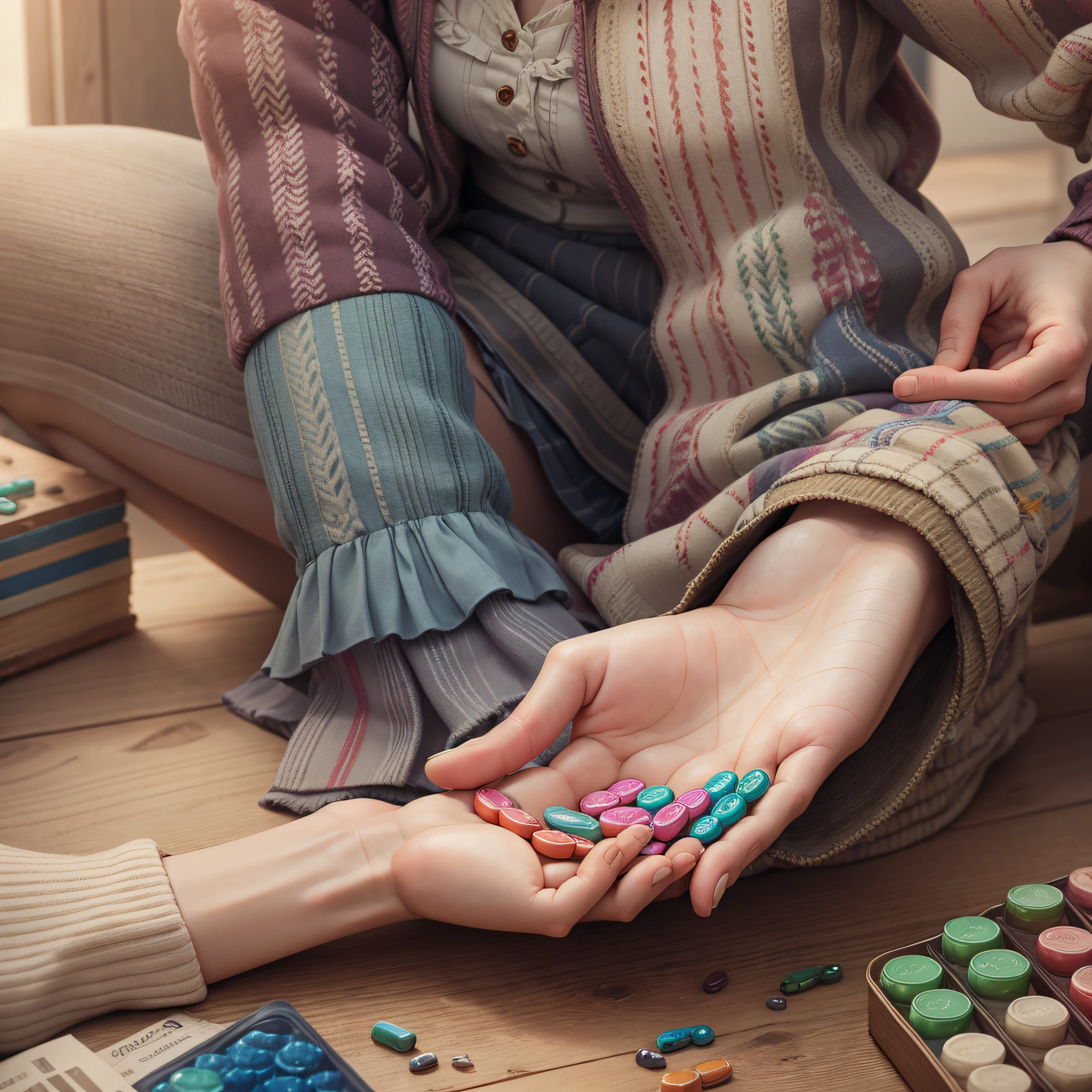 A realistic hand holding a handful of colored pills --auto --s2