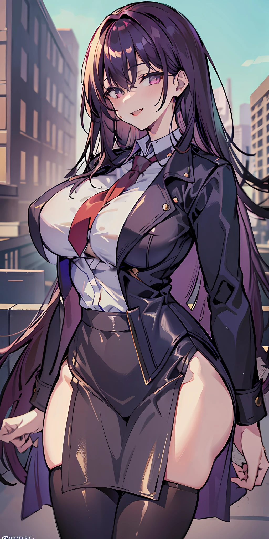 (Masterpiece: 1.6, Best Quality), (Fine and Beautiful Eyes: 1.2), (Overhead), High Quality, Beautiful Face, 1girl, Leather Tight Skirt, Oversized Leather Jacket, Big Tits, Long Hair, Wide Hips, (Landscaped), Street, Background, Detail Background, Spooky Smile, Angled Laughter at the Corners of Mouth, Long Coat, Shirt, Tie, Office Lady,