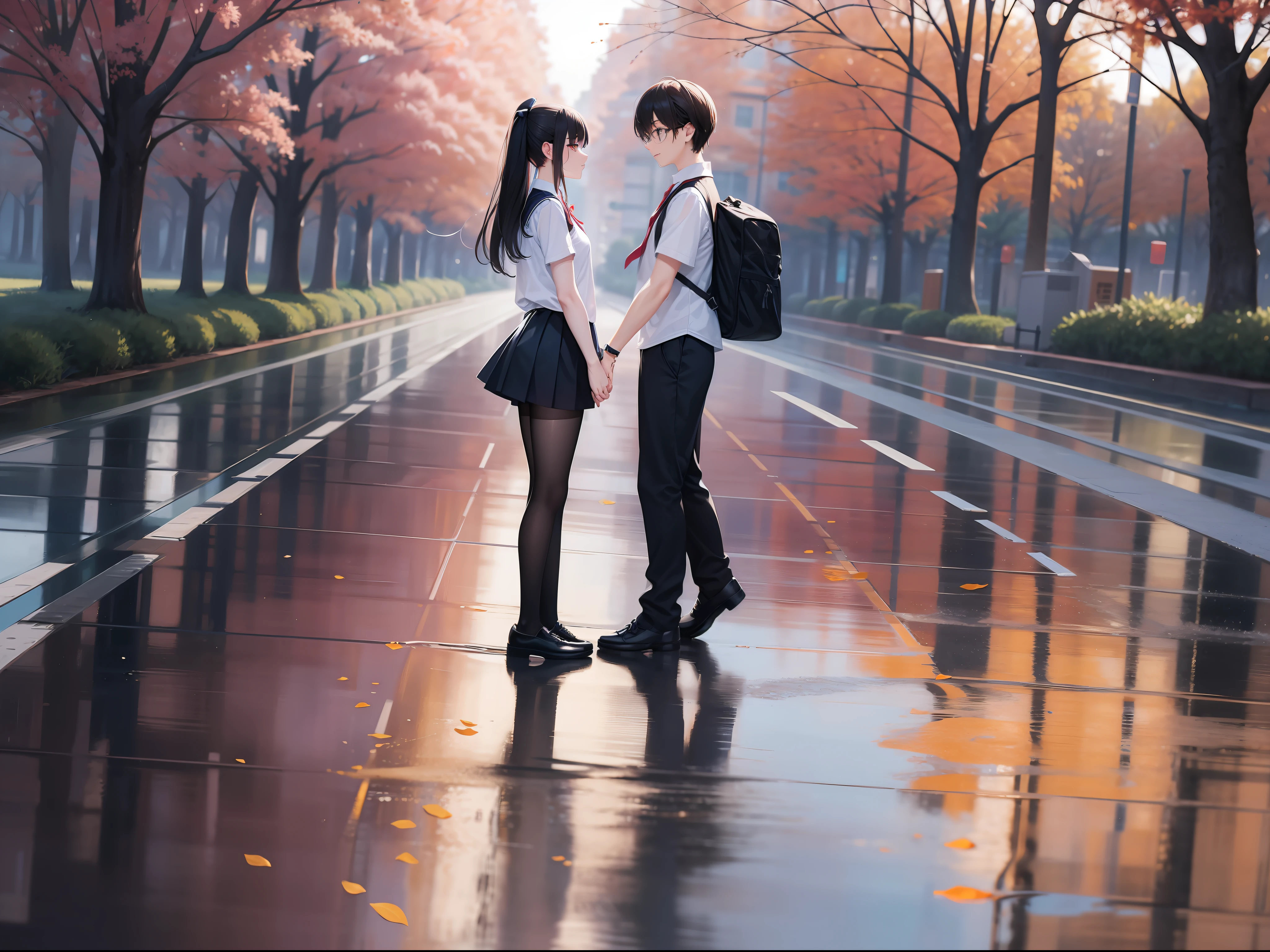 a female and a male, they are two students, wearing school uniform, lonely, one side is full of light, one side is dark, rainny, around, trees are beside the road, poddle of water reflectiing these two people, reflecting, polar opposites, symmetry, panorama, perspective, ray tracing, reflection light, depth of field, masterpiece, best quality, high details, high quality, textured skin, ccurate, UHD, HD