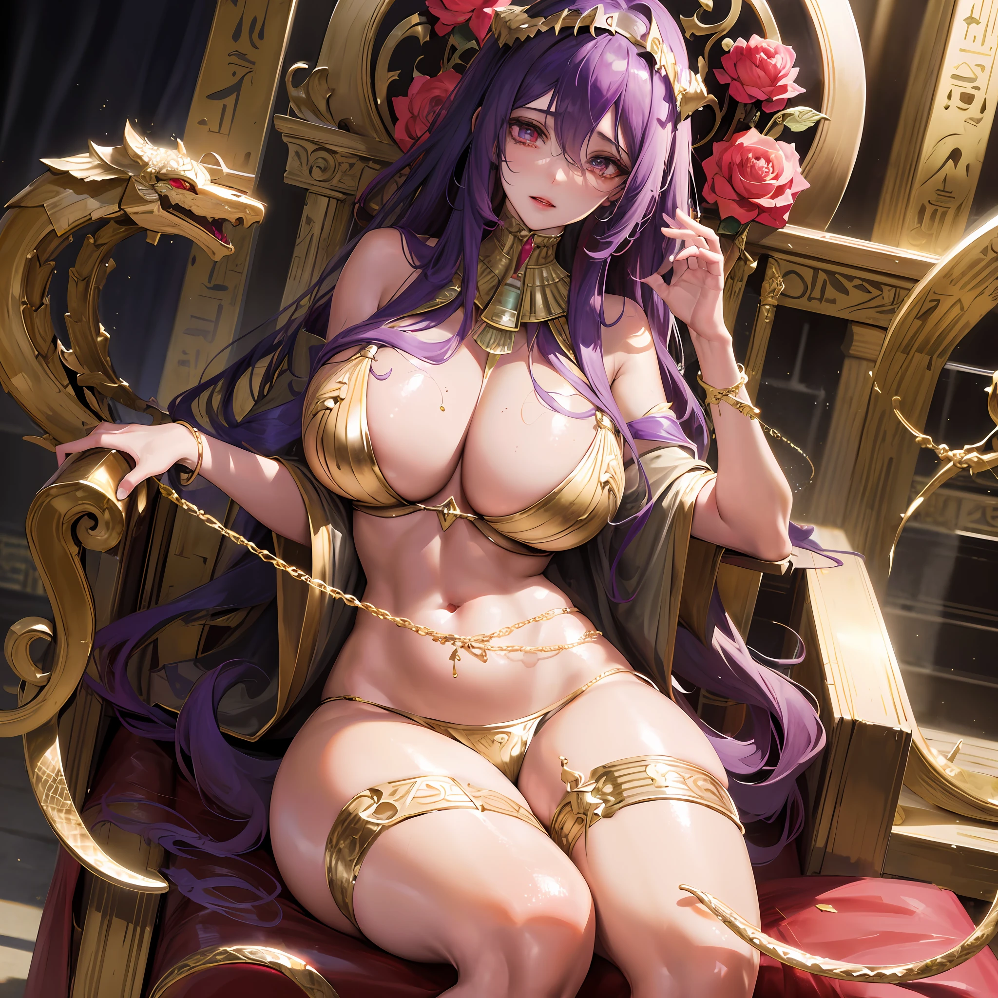 Isis, Egyptian goddess of life, goddess of magic, goddess of marriage, goddess of fertility, perfect woman, protector of the undead and young children, embodiment of the throne, immortality, powerful mage, witch grandmaster, incarnation of Sirius, goddess of rebirth and reincarnation, friend of slaves, mother of the great pharaoh, faithful wife, the first virgin, sitting on a gorgeous altar, holding a lotus flower, (majesty, dignified, holy), huge serpent, purple curly hair, head with horns, crying, ((oversized breasts)), plump, Seductive cleavage, shiny skin, (snake-related), many fine Egyptian jewelry, Egyptian style, perfect flesh full of texture, natural rendering, captivating visual enjoyment, ((best quality)), half-body, (epic lighting), ((masterpiece)), maximum definition, illustrations, (super detailed face), sharp textures, ultra-high-definition detail display, excellent image performance, high-quality illustrations, perfect fit harmonious tones, deep lines, precise brushstrokes, wonderful color scheme, Intricate details