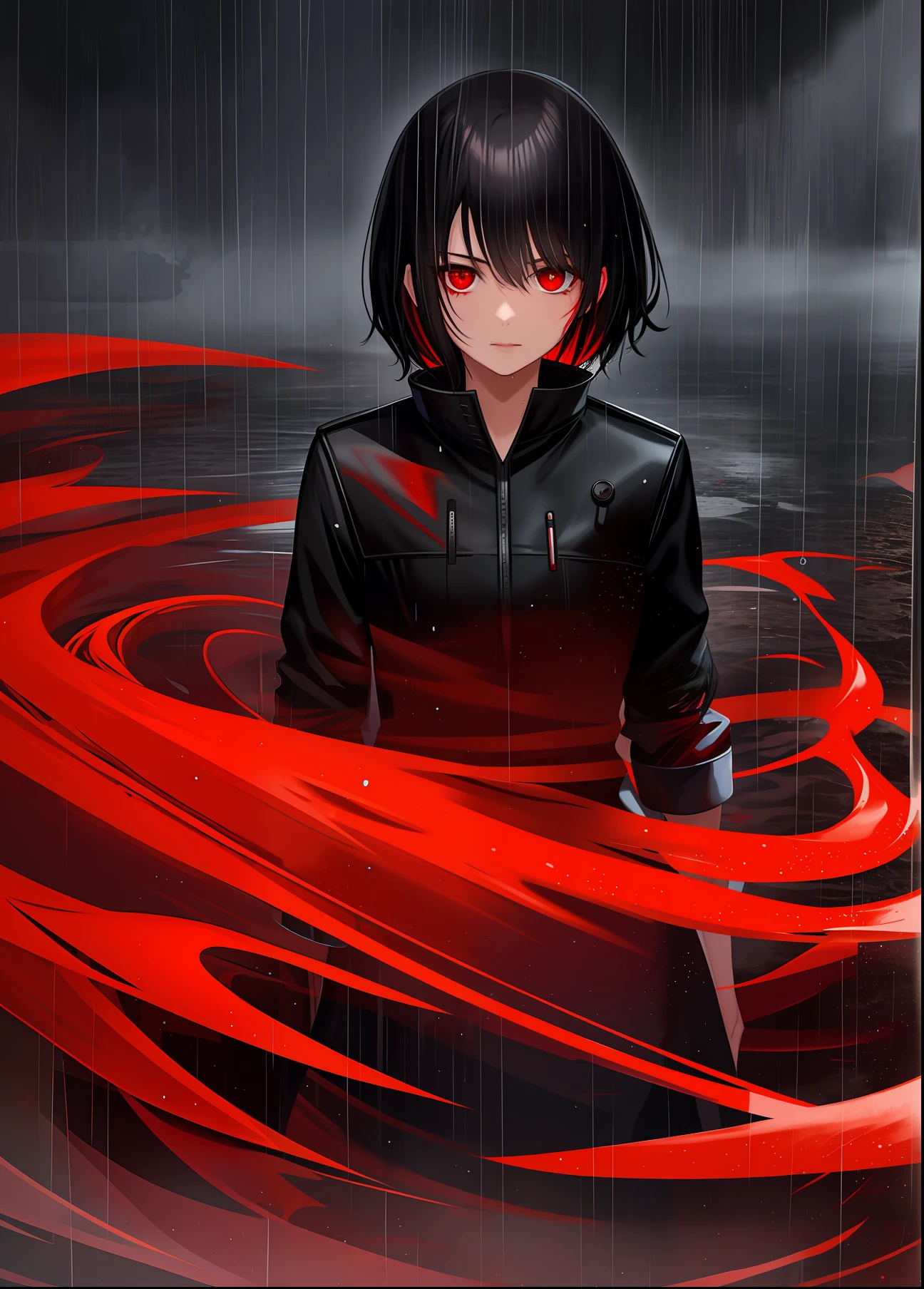 1girl, solo, black hair, (looking at viewer), ((blood swirl)), night time, heavy rain, wet, greg rutkowski, hdr, dark theme, moon, red fog