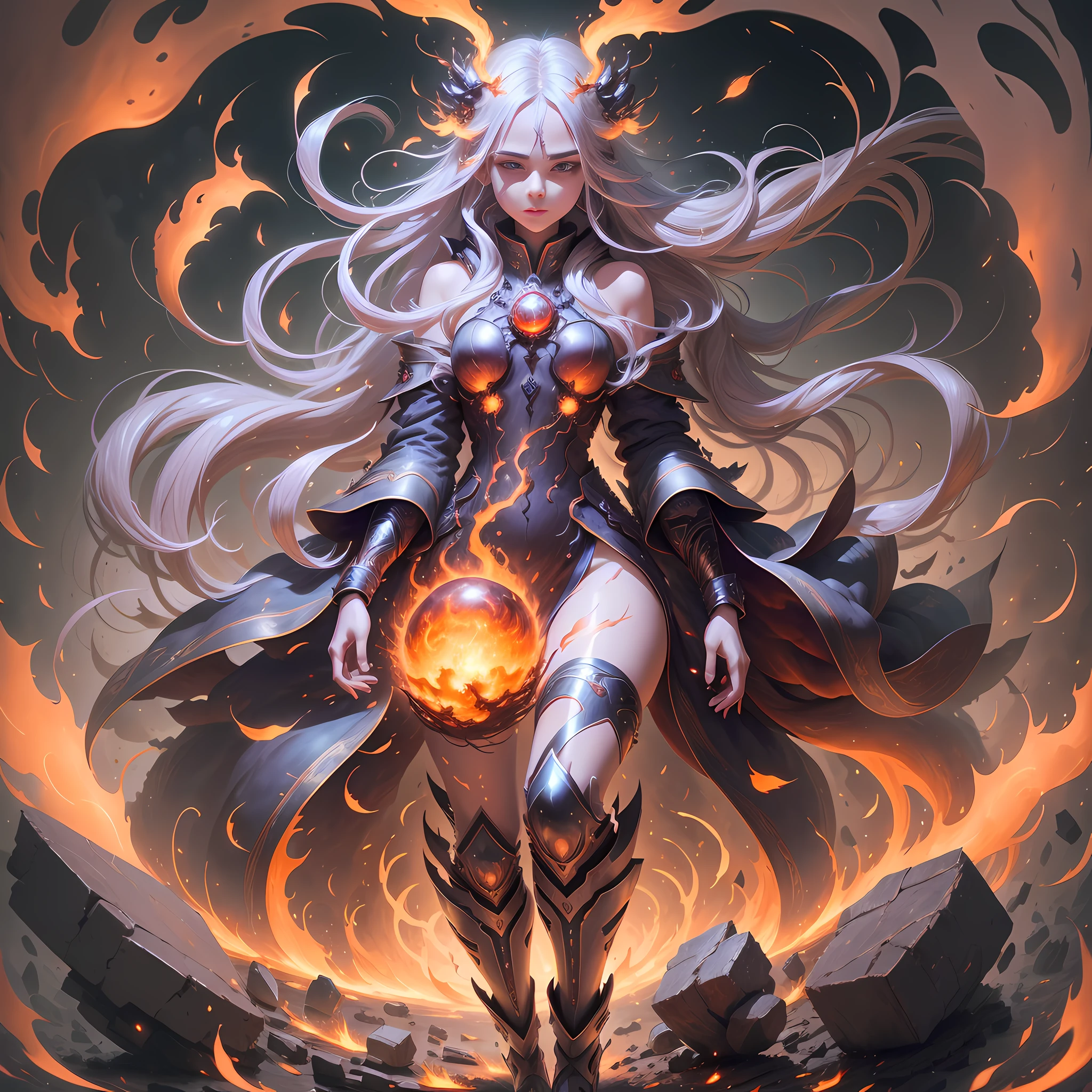 A girl, shiny silver hair, extra-long hair, delicate face, delicate eyes, environment full of flames, orange environment, surrounded by many crimson flames, explosive flames floating in front of the body, burning flames, dreamy, mysterious, 8k, full body, only 5 fingers