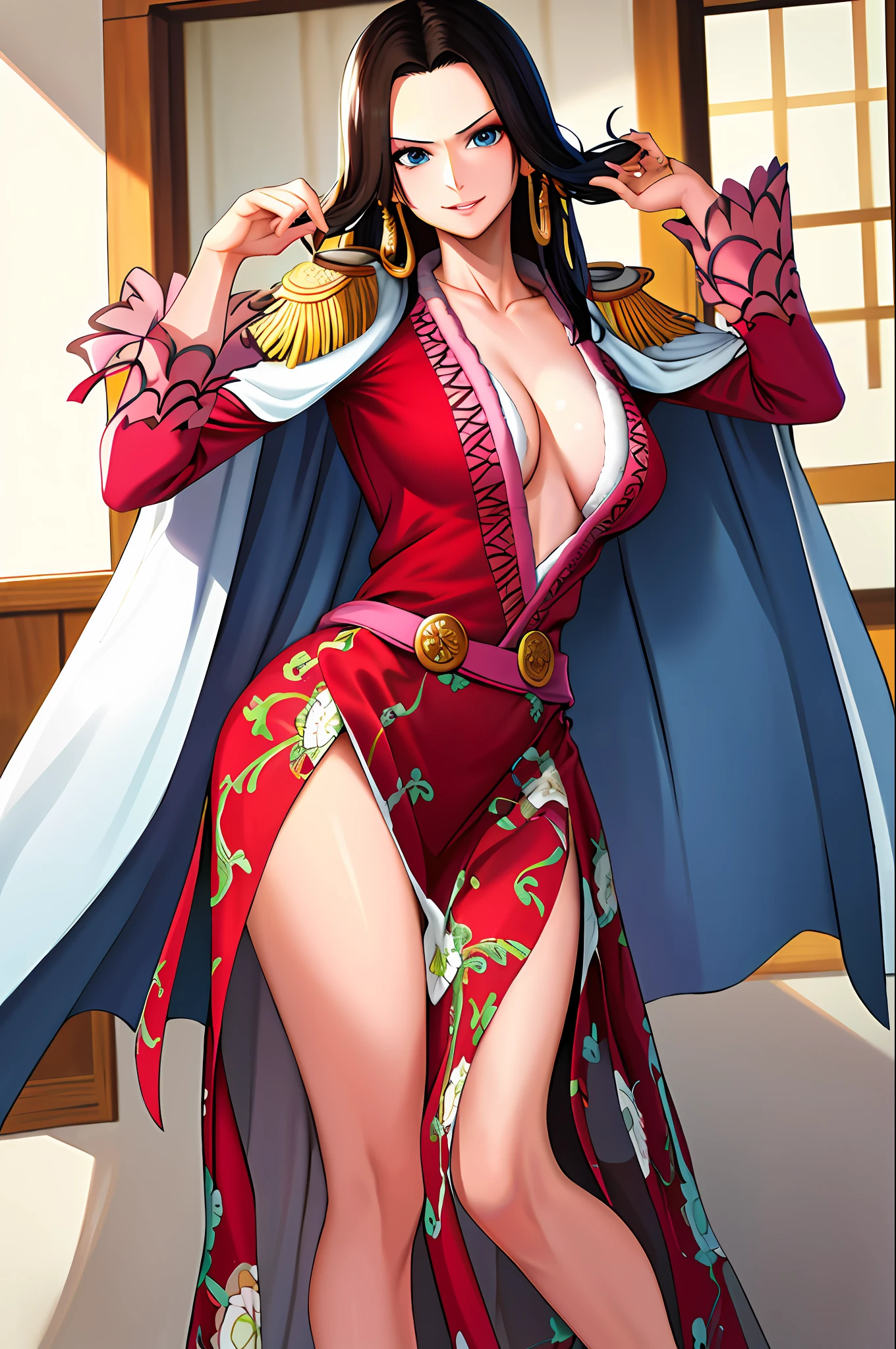 masterpiece, best quality, highres, hancock1, 1girl, boa hancock, large breasts, long hair, epaulettes, cape, side slit, cowboy shot, standing, looking at viewer, sexy pose, safe for work, hands behind, perfect finger,