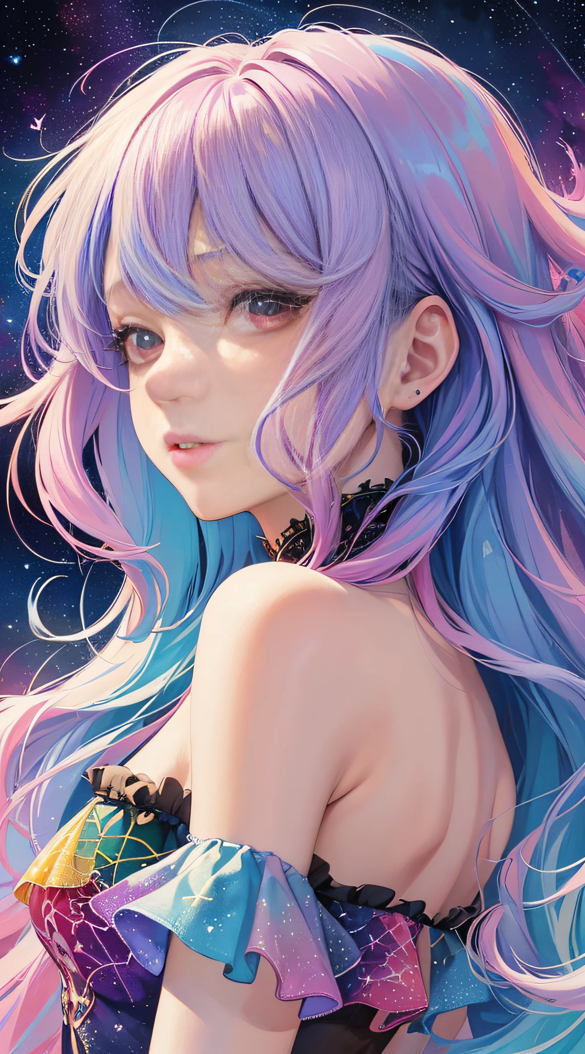 (masterpiece, top quality, best quality,watercolor (medium),official art, beautiful and aesthetic:1.2),(1girl:1.3), (fractal art:1.3),upper body, from side, looking at viewer,patterns,(rainbow color Hair,colorful hair,half blue and half pink hair:1.2),water,liquid, cloud,colorful, starry,stars,