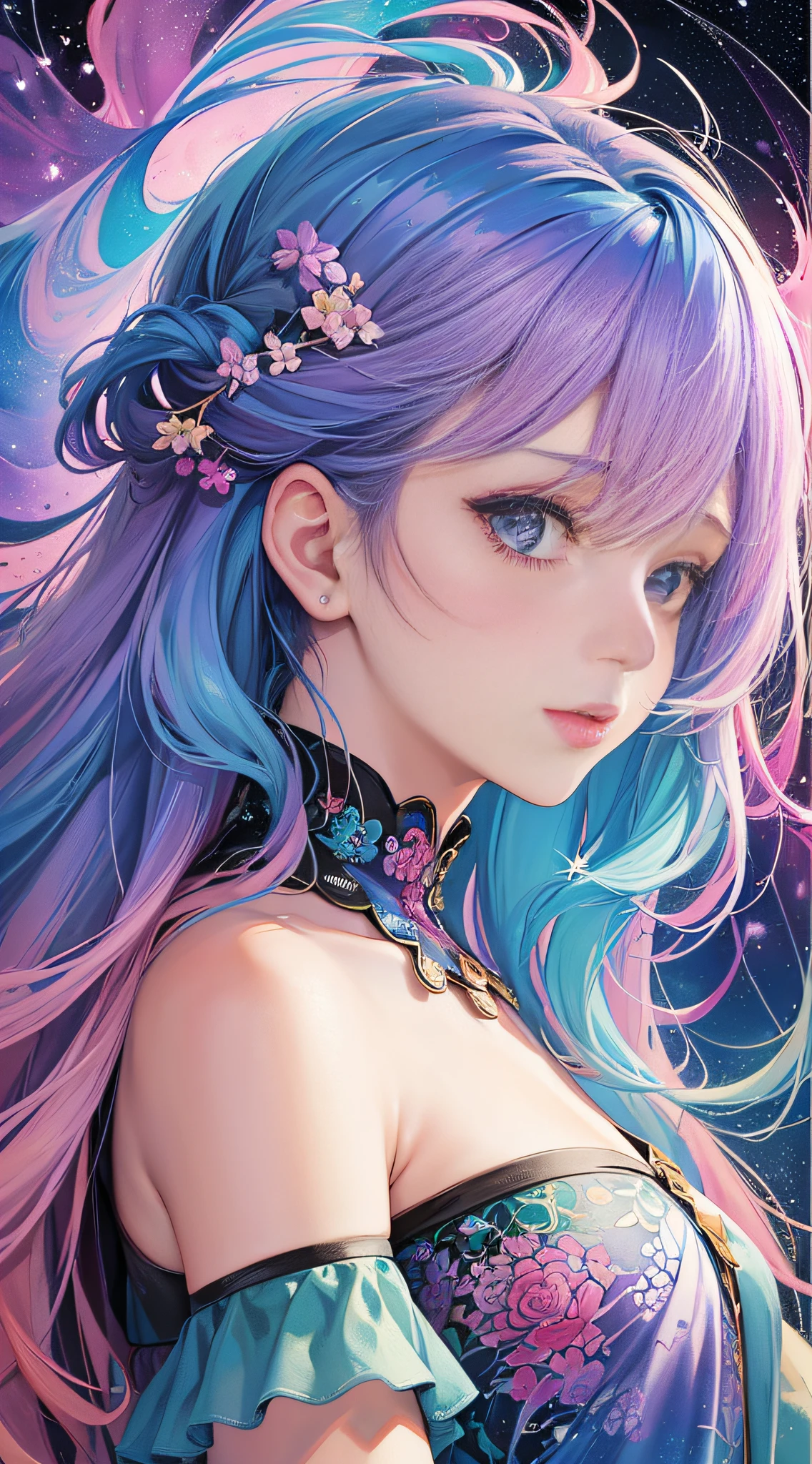 (masterpiece, top quality, best quality,watercolor (medium),official art, beautiful and aesthetic:1.2),(1girl:1.3), (fractal art:1.3),upper body, from side, looking at viewer,patterns,(rainbow color Hair,colorful hair,half blue and half pink hair:1.2),water,liquid, cloud,colorful, starry,stars,