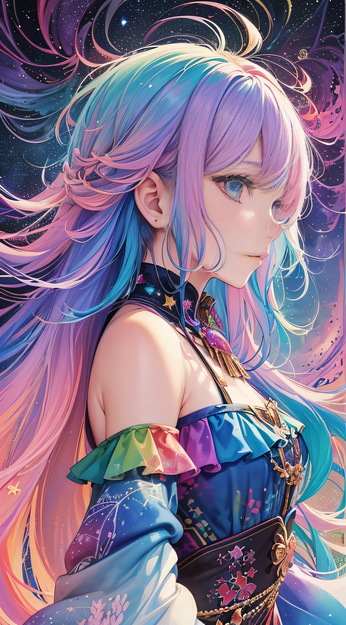 (masterpiece, top quality, best quality,watercolor (medium),official art, beautiful and aesthetic:1.2),(1girl:1.3), (fractal art:1.3),upper body, from side, looking at viewer,patterns,(rainbow color Hair,colorful hair,half blue and half pink hair:1.2),water,liquid, cloud,colorful, starry,stars,
