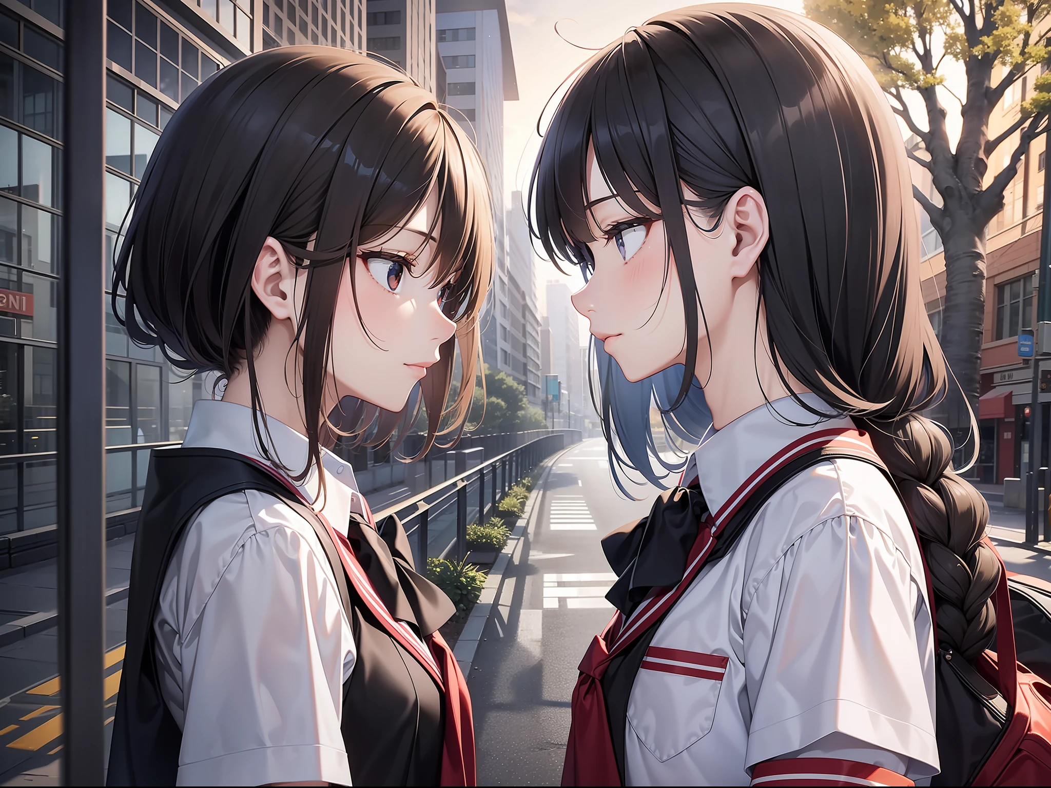 a female and a male, they are two students, wearing school uniform, lonely, one side is full of light, one side is dark, rainny, around, trees are beside the road, poddle of water reflectiing these two people, reflecting, polar opposites, symmetry, panorama, perspective, ray tracing, reflection light, depth of field, masterpiece, best quality, high details, high quality, textured skin, ccurate, UHD, HD