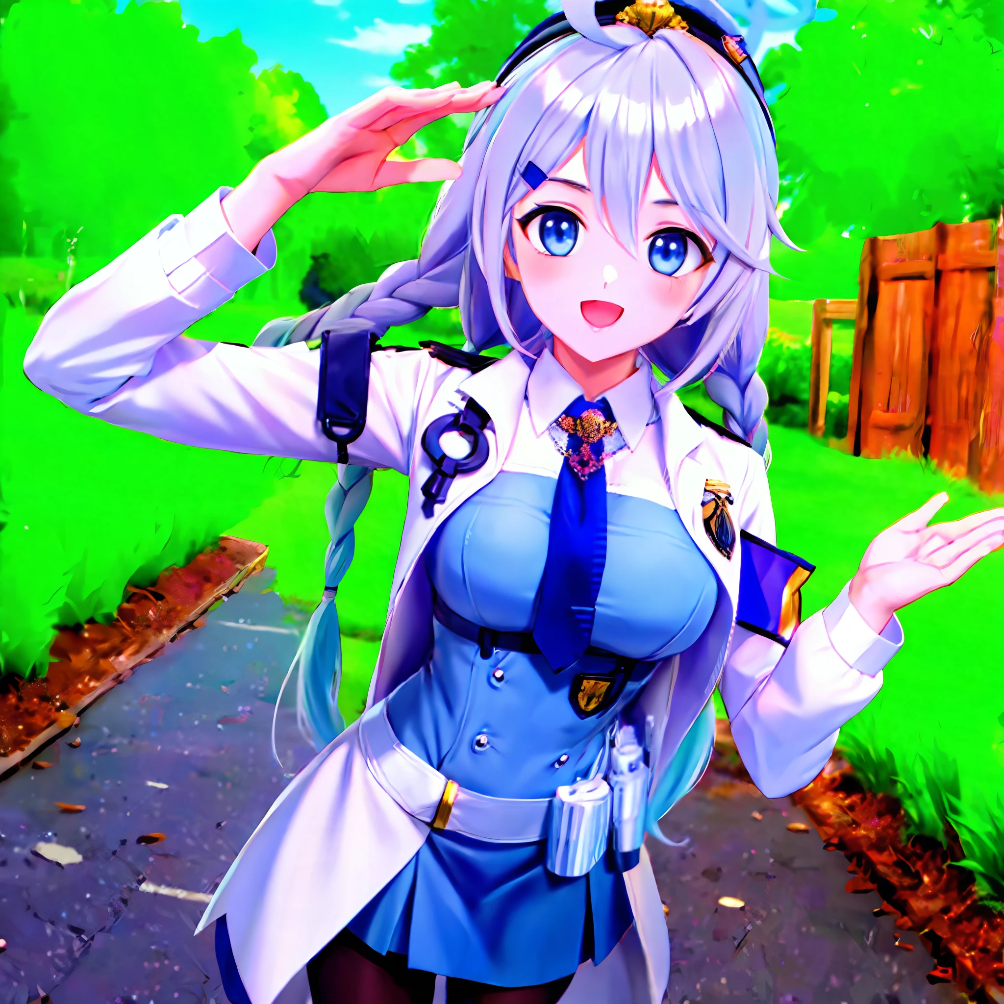 standing, wide angle, (1girls:1.3), harem anime official art, perspective, looking ahead, blue eyes, medium breasts, ahoge, hair ornament, twin braids, necktie, halo, bangs, hair between eyes, blue eyes, shirt, skirt, smile, white police uniform, open mouth, hat, blue shirt, (white jacket:1.1), belt pouch, silver hair, black stockings, salute, cute beautiful eyes detailed pupils cute, circle white pupil cute, town park background, 35mm f1.4, iso100, raw, high quality,subtle ambient glow, raytracing, global illumination, ultimate quallity