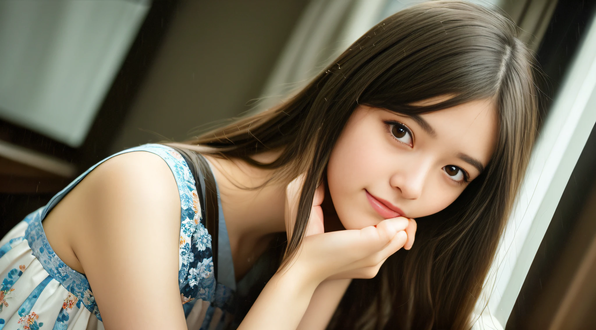 Stunning close-up portrait of a young and beautiful woman with RAW, analog style and impressive features. She should have long, flowing hair, a seductive gaze, and an attractive look. The background is neutral and simple, allowing the woman to be the focal point of the image. Pay attention to details, such as highlights and shadows on her face and hair, to create realistic and realistic images. Experiment with different lighting techniques to enhance the mood and atmosphere of your portrait. The final product should be a masterpiece that captures the essence and beauty of women ((Highly detailed skin, skin details)), Sharp Focus, Volumetric Fog, 8K, UHD, DSLR, High Quality, Film Grain, Fujifilm XT3, Camisole Dress, Hemp Dress, Floral Dress, Short-Term Hair, Disheveled Hair, Antique Cafe Chair, Little smile, rain outside the window, crowd, night, evening, warm light, dark light, blurred light, heavy rain