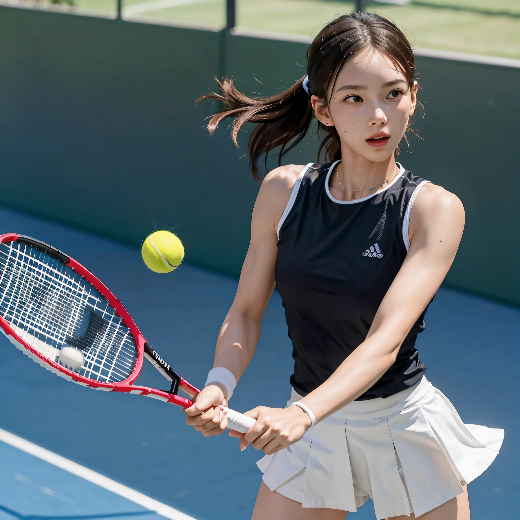 Top quality, dynamic image of a professional tennis player, mid-stroke; athletic features emphasised, racquet gripped tightly, body tensed in preparation to strike the ball; vibrant tennis court in the background, enhanced by the best lighting and shadow effects to draw attention to the athlete; minimalistic surroundings to highlight the movement and athleticism of the tennis player.