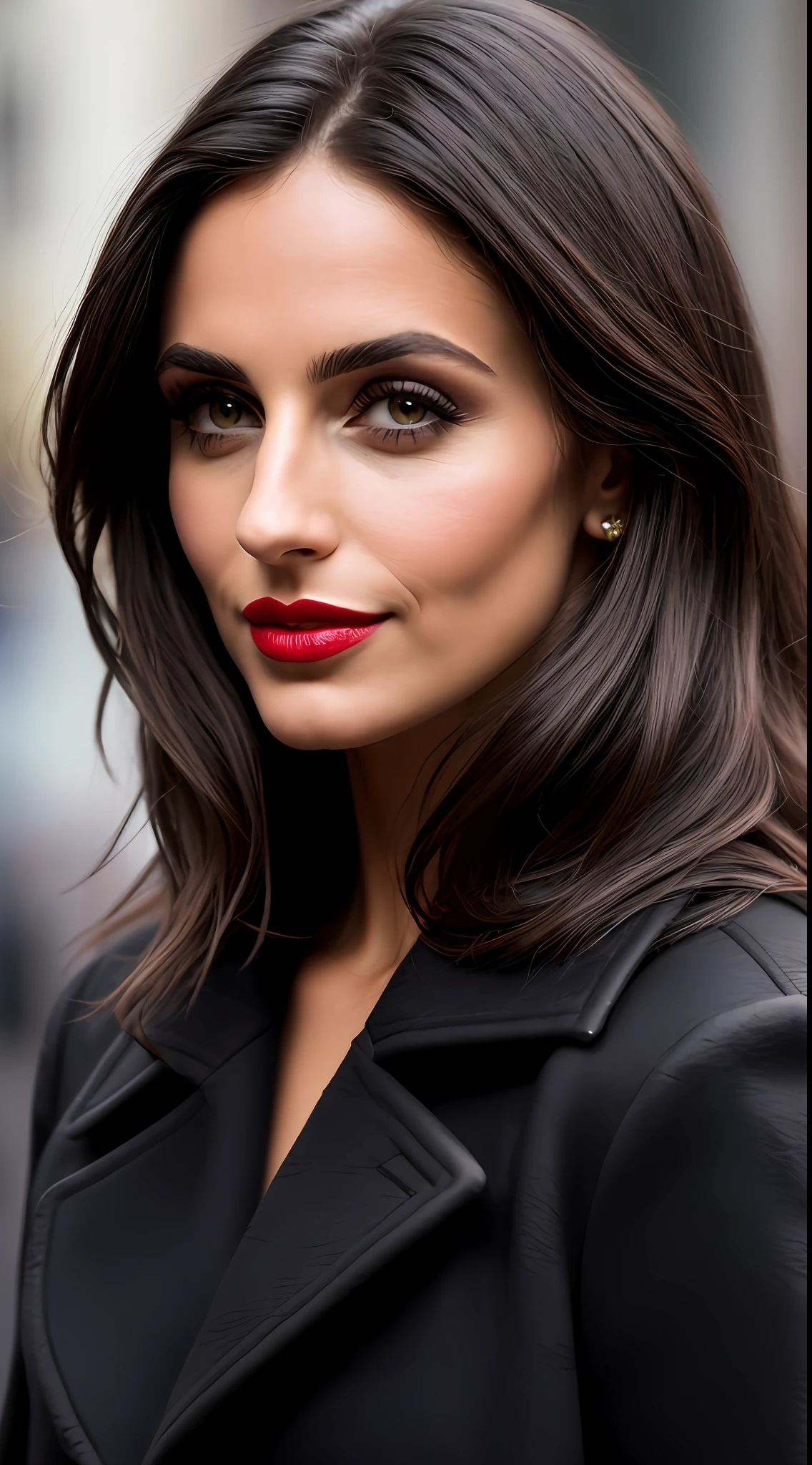 Dark and gloomy, 8K, photo of an extremely beautiful 30-year-old brunette Brazilian CEO in New York City in the background, (dark brown hair on the shoulder), makeup, red lips, dark eyes, (closed black coat), (elegant black dress inside the coat), (closed clothes), archetype of the ruler, frontal vision, looking straight ahead to the audience,  dynamic pose, hyper realistic,{extremely beautiful olive skin}, (highly detailed skin: 1.2) {{{masterpiece}}}, realistic texture, dynamic composition, Fujifilm XT2, 85mm F1.2, shutter speed 1/80, (bokeh), high contrast