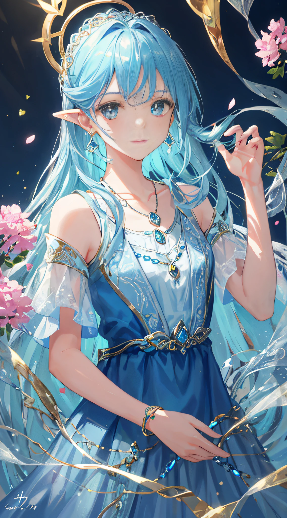 Masterpiece, Essentials, Illustrations, Saxophone Blue, Platinum Earrings, 1Girl, Cute, (Dynamic light: 1.2), cinematic light, delicate facial features, detailed eyes, sharp pupils, realistic pupils, depth of field, background bokeh, clear focus, (super detailed, halo, luminescence: 1.4), many small gems, a crown of gold silk thread intertwined in the ice blue hair, the ears behind the hair have pointed ears, the girl's face is beautiful, a necklace with a blue crystal pendant falls between the collarbones, and then below is a full white chest, wearing a long aqua blue skirt, delicate and gorgeous, the skirt has a small pendant made of various colored gemstones in the style of water drops, in the garden, surrounded by pink flowers, petals fall