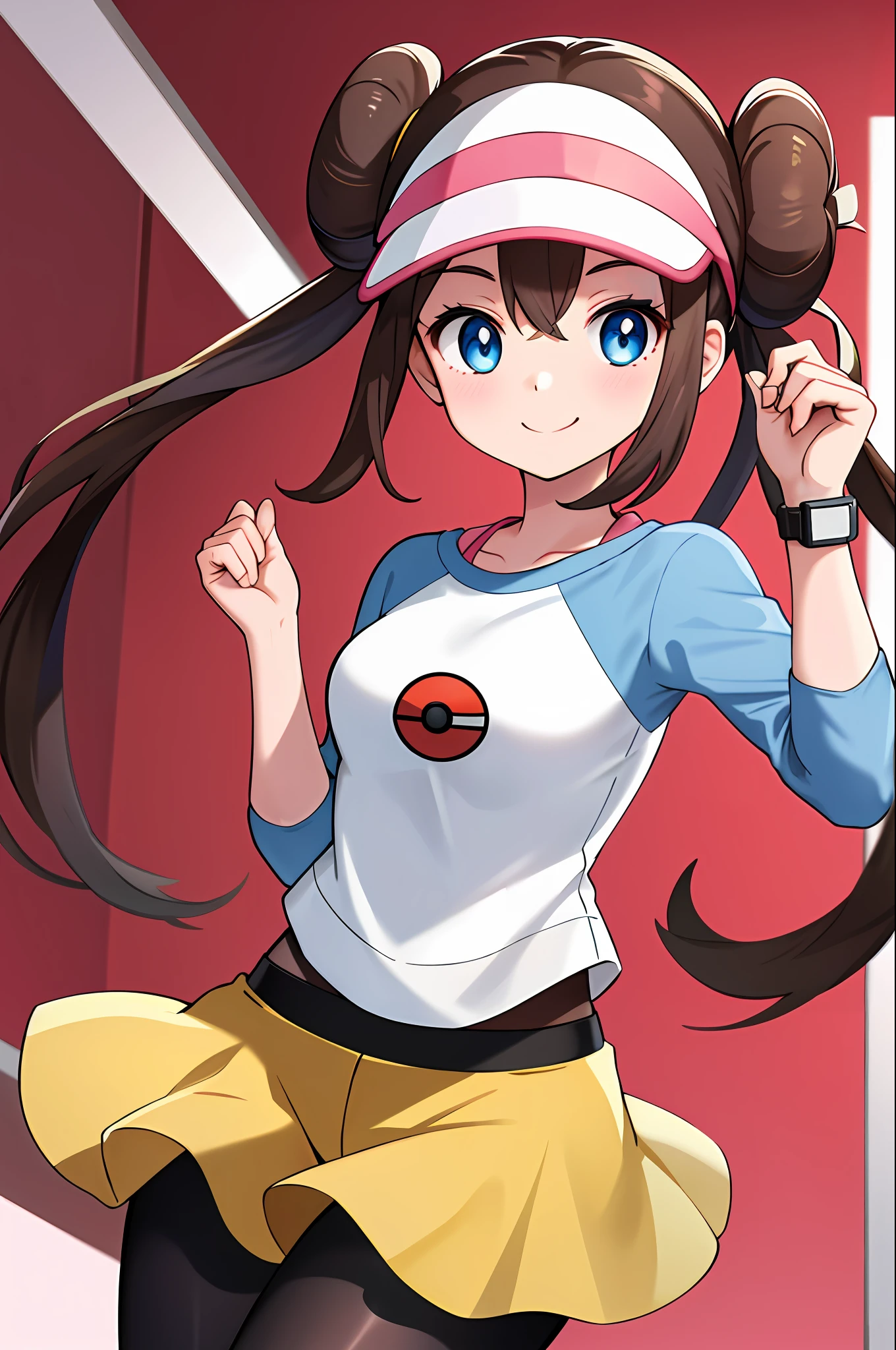 masterpiece, best quality, highres, ro1, hair bun, blue eyes, twintails, visor cap, pantyhose, raglan sleeves, yellow shorts, shirt, pink bow, wristwatch, standing, cowboy shot, field, poke ball \(basic\), smile