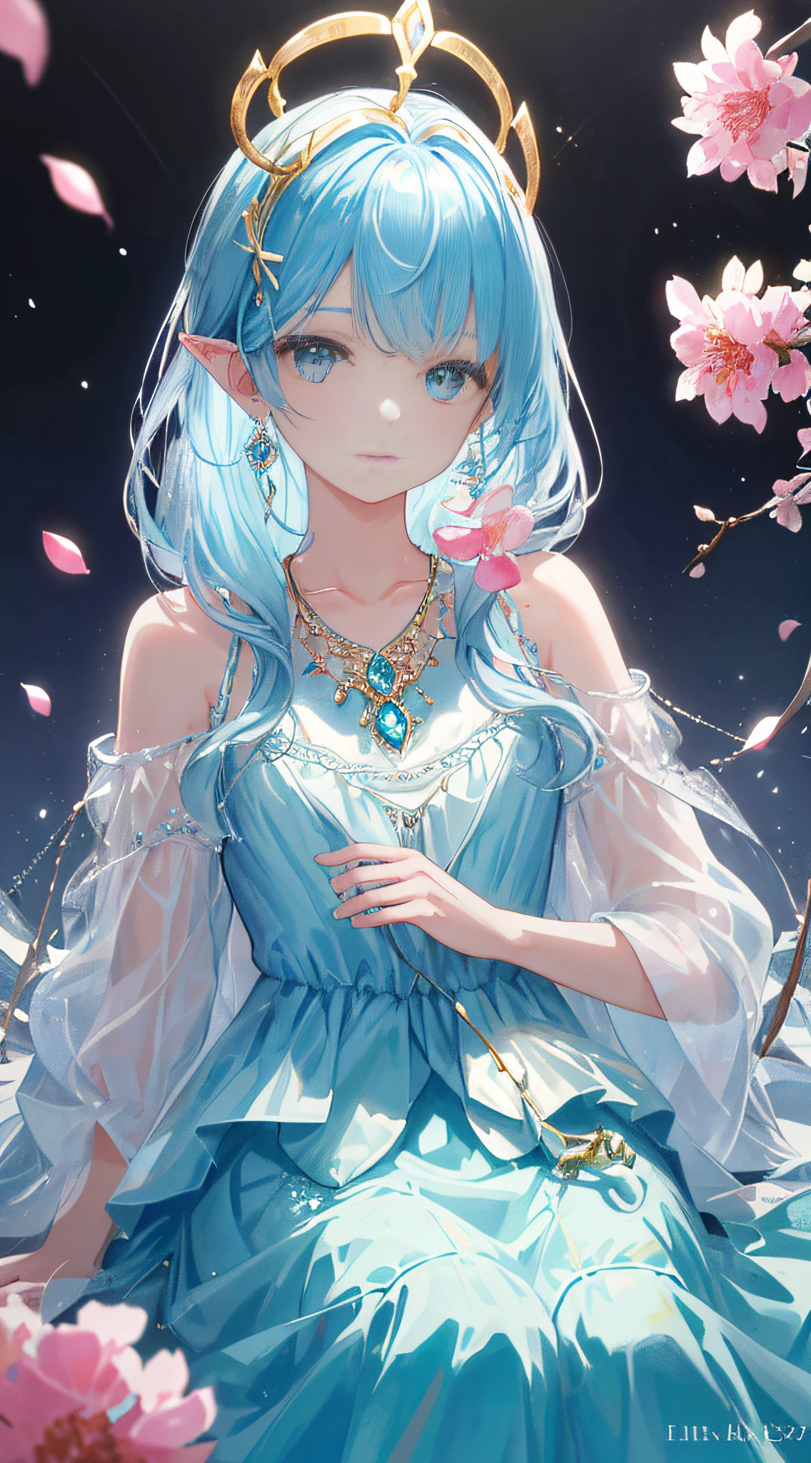 Masterpiece, Essentials, Illustrations, Saxophone Blue, Platinum Earrings, 1Girl, Cute, (Dynamic light: 1.2), cinematic light, delicate facial features, detailed eyes, sharp pupils, realistic pupils, depth of field, background bokeh, clear focus, (super detailed, halo, luminescence: 1.4), many small gems, a crown of gold silk thread intertwined in the ice blue hair, the ears behind the hair have pointed ears, the girl's face is beautiful, a necklace with a blue crystal pendant falls between the collarbones, and then below is a full white chest, wearing a long aqua blue skirt, delicate and gorgeous, the skirt has a small pendant made of various colored gemstones in the style of water drops, in the garden, surrounded by pink flowers, petals fall