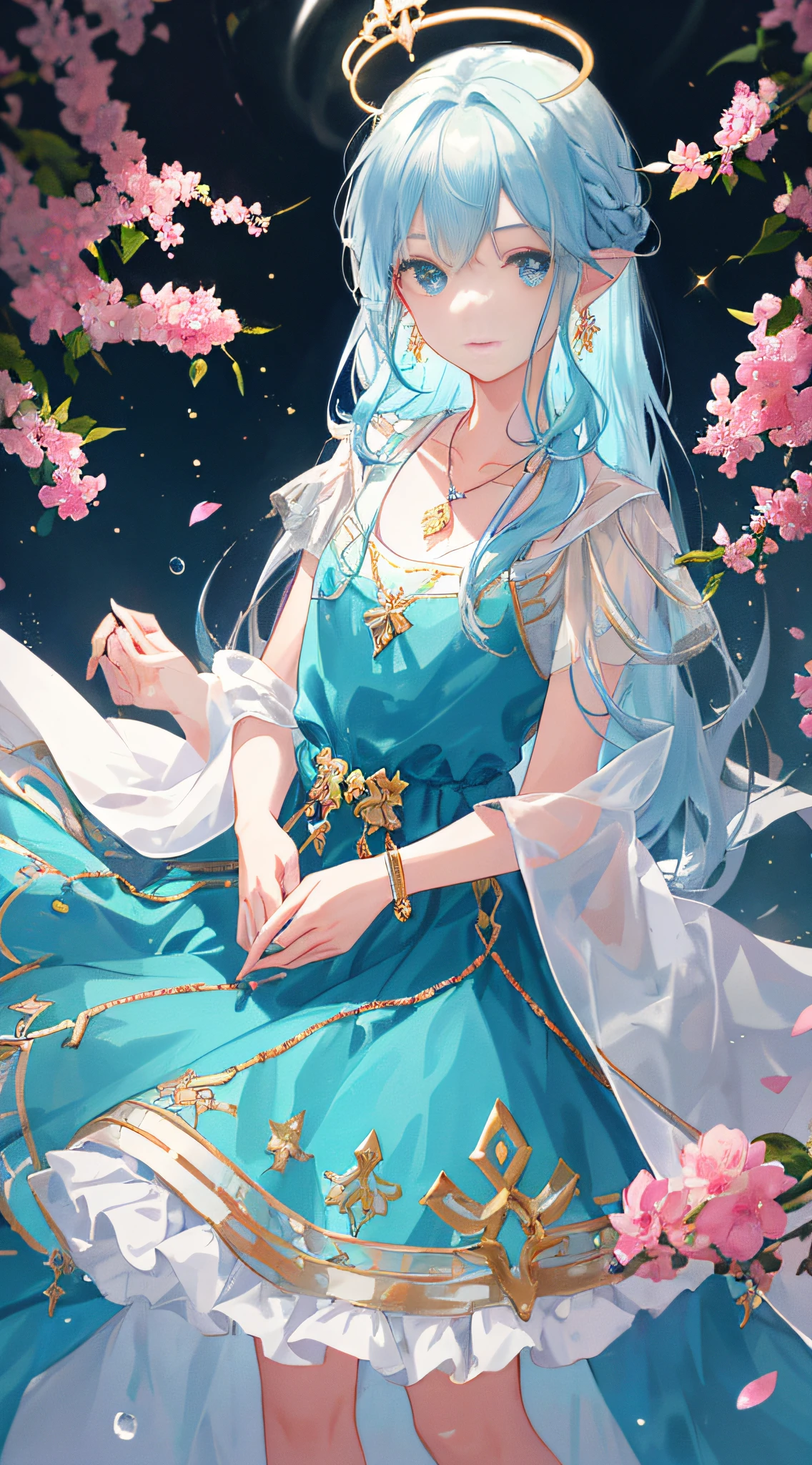 Masterpiece, Essentials, Illustrations, Saxophone Blue, Platinum Earrings, 1Girl, Cute, (Dynamic light: 1.2), cinematic light, delicate facial features, detailed eyes, sharp pupils, realistic pupils, depth of field, background bokeh, clear focus, (super detailed, halo, luminescence: 1.4), many small gems, a crown of gold silk thread intertwined in the ice blue hair, the ears behind the hair have pointed ears, the girl's face is beautiful, a necklace with a blue crystal pendant falls between the collarbones, and then below is a full white chest, wearing a long aqua blue skirt, delicate and gorgeous, the skirt has a small pendant made of various colored gemstones in the style of water drops, in the garden, surrounded by pink flowers, petals fall