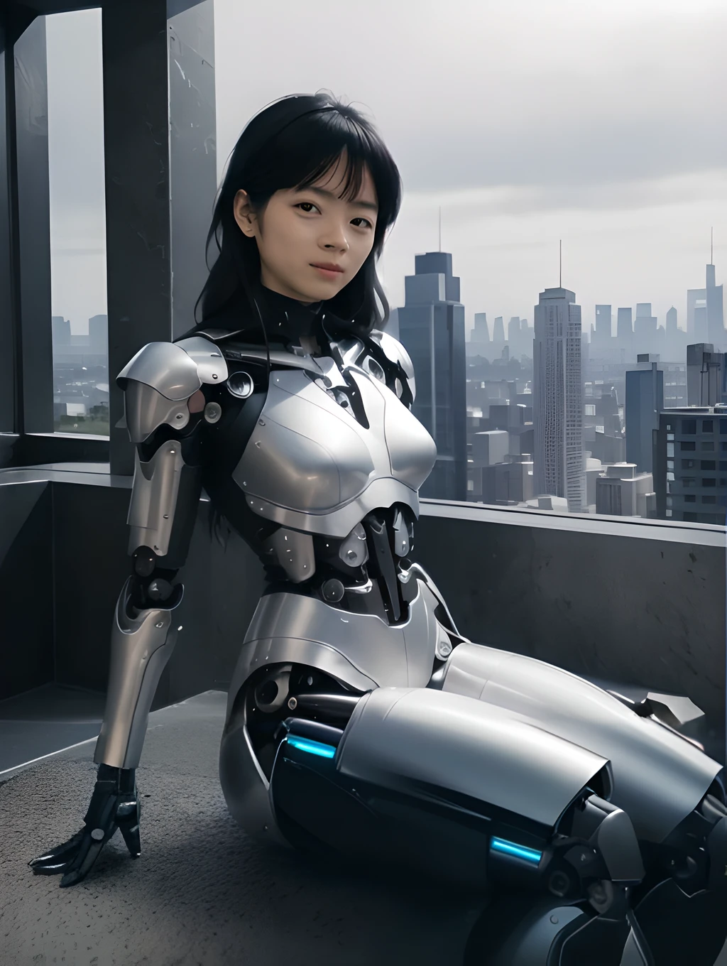 female robot sitting on a ledge in front of a city, movie still of a cool cyborg, girl wearing robotic suit, movie still of a cyborg, girl in mecha cyber armor, beutiful girl cyborg, cute cyborg girl, robot girl, young lady cyborg, cyborg - girl, cyborg girl, japanese cyborg, movie still of a villain cyborg