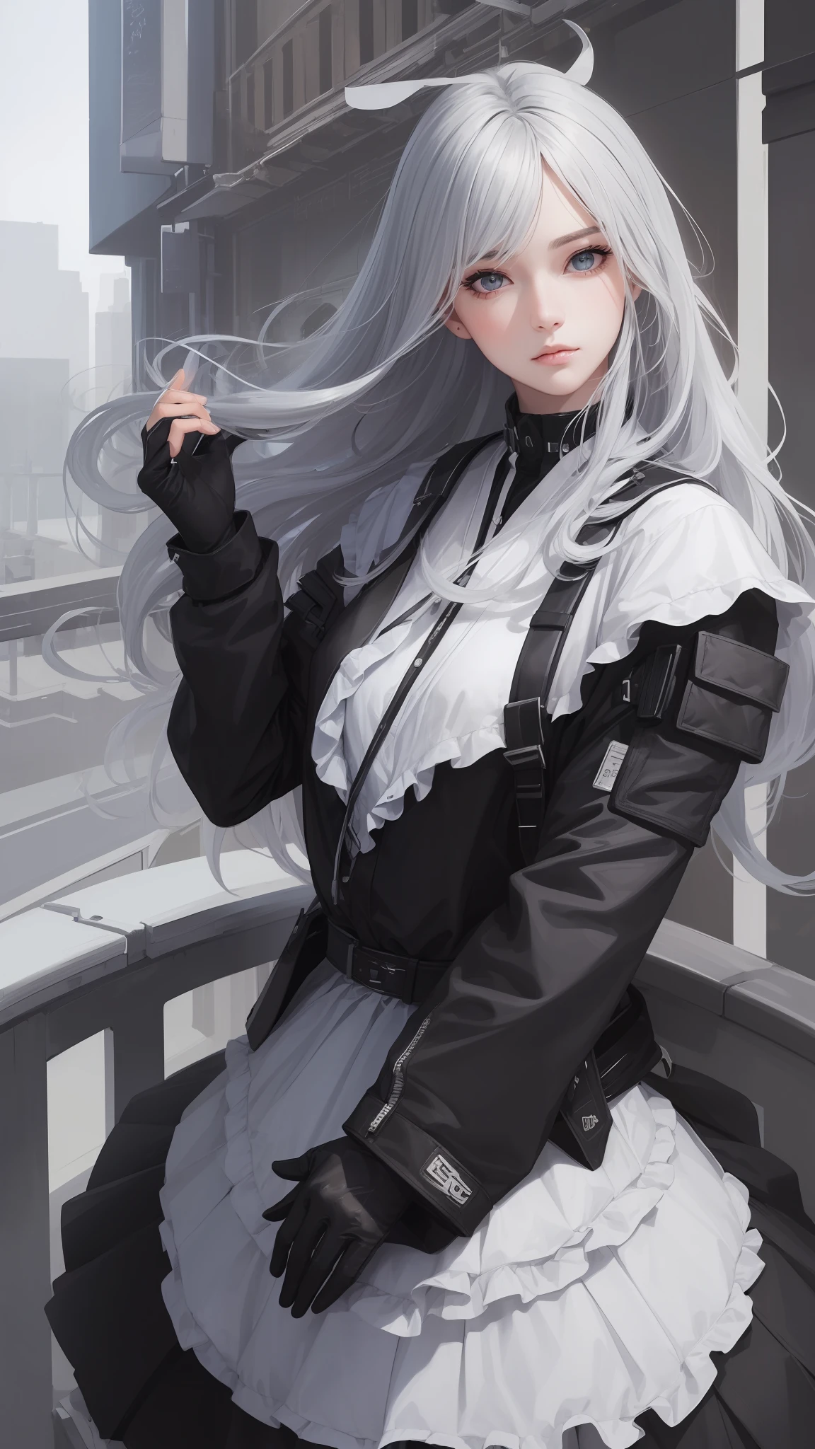 ((high quality, masterpiece:1.4)), 1girl, upper body, cyberpunk, black techwear, black gloves, white hair, japanese girl, symmetrical face, symmetrical eyes, looking at viewer, grey eyes, pretty face, beautiful face, beautiful eyes, beautiful girl, pretty girl, perfect facial shape, absurdres, realistic proportions, dynamic pose, high details, intricate, intricate details, realistic eyes, realistic eye proportions, sharp focus, 32k, realistic lighting, extreme details, realistic pupils, realistic proportion eyes, realistic proportions pupils, realistic shadows,