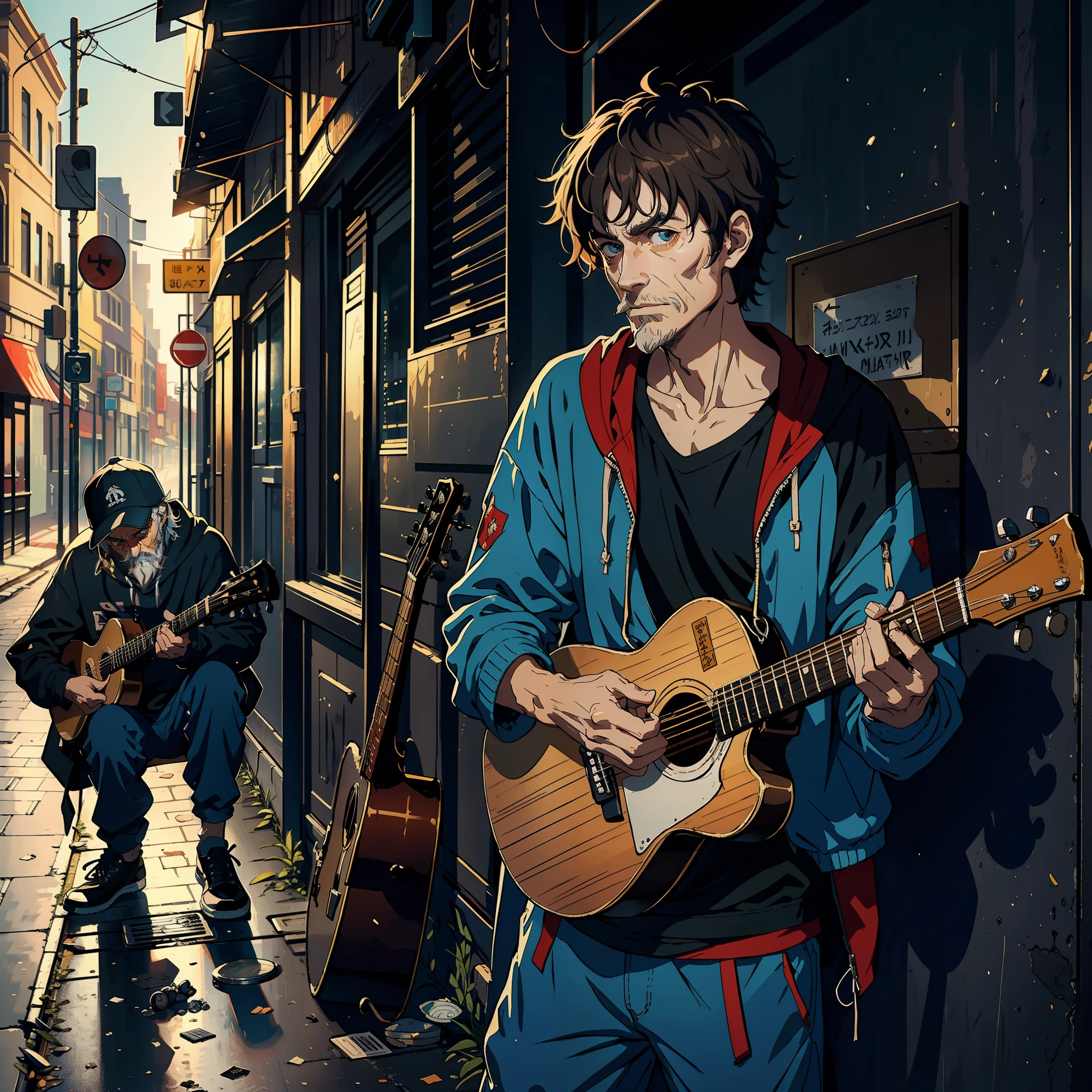 masterpiece, official art, 8k, masterpiece, best quality, highly detailed The picture shows a homeless man, his thin body holding a guitar, looking at the camera, in front of him is a small broken bowl with some change in it, many passers-by stop to admire, on the side of the street
