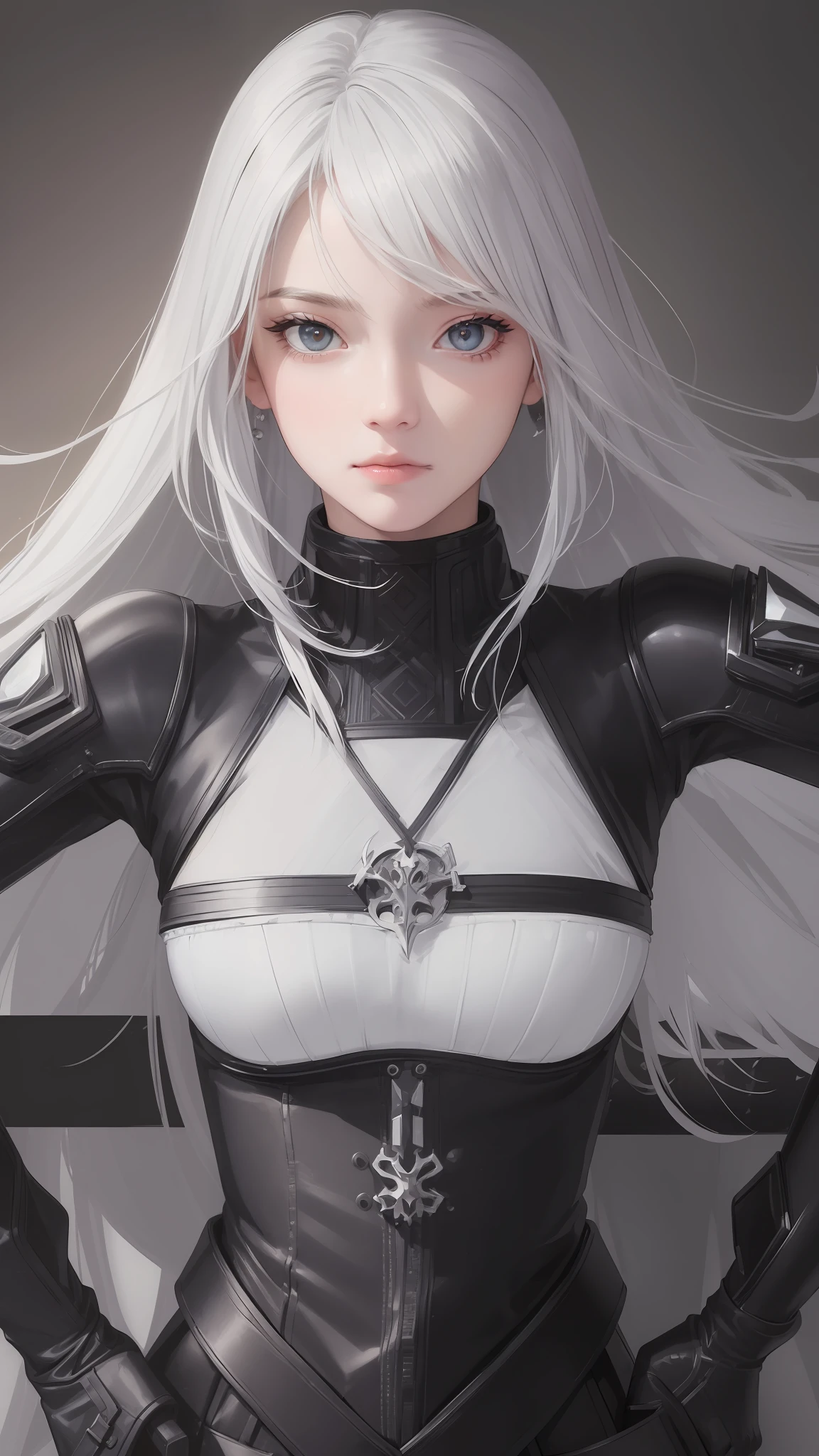 ((high quality, masterpiece:1.4)), 1girl, upper body, cyberpunk, black techwear, black gloves, white hair, japanese girl, symmetrical face, symmetrical eyes, looking at viewer, grey eyes, pretty face, beautiful face, beautiful eyes, beautiful girl, pretty girl, perfect facial shape, absurdres, realistic proportions, dynamic pose, high details, intricate, intricate details, realistic eyes, realistic eye proportions, sharp focus, 32k, realistic lighting, extreme details, realistic pupils, realistic proportion eyes, realistic proportions pupils, realistic shadows,