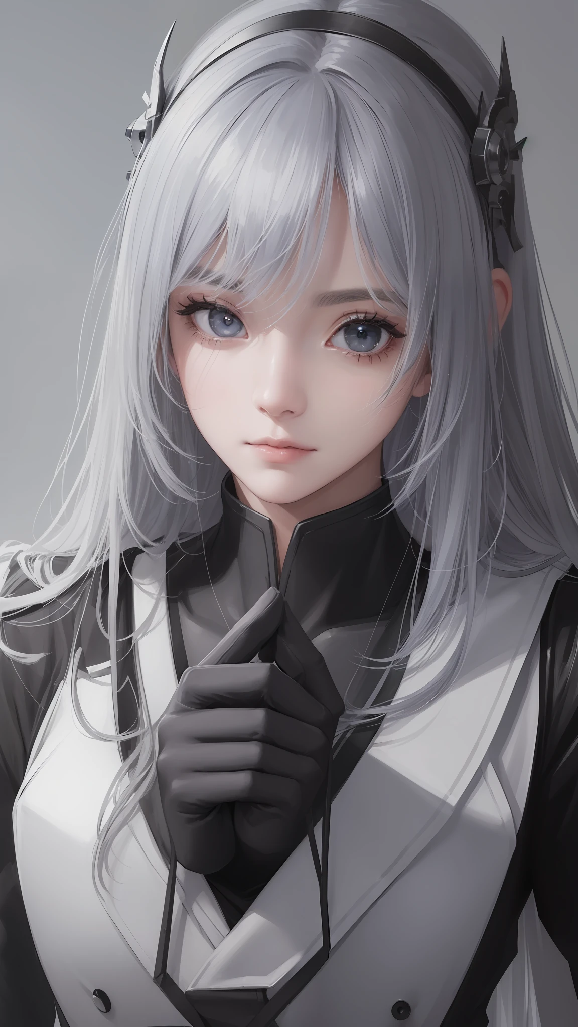 ((high quality, masterpiece:1.4)), 1girl, upper body, cyberpunk, black techwear, black gloves, white hair, japanese girl, symmetrical face, symmetrical eyes, looking at viewer, grey eyes, pretty face, beautiful face, beautiful eyes, beautiful girl, pretty girl, perfect facial shape, absurdres, realistic proportions, dynamic pose, high details, intricate, intricate details, realistic eyes, realistic eye proportions, sharp focus, 32k, realistic lighting, extreme details, realistic pupils, realistic proportion eyes, realistic proportions pupils, realistic shadows,