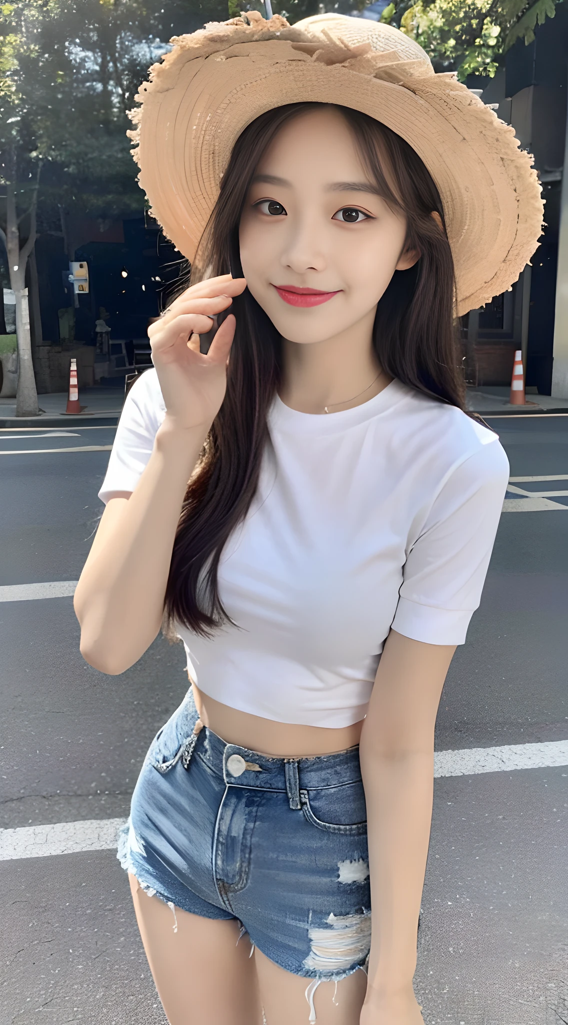 ((Best Quality, 8K, Masterpiece: 1.3)), (Sunscreen Straw Hat: 1.3), Focus: 1.2, Perfect Body Beauty: 1.4, Buttocks: 1.2, (Layered Haircut: 1.2)), (Dark Street: 1.3), Highly Detailed Face and Skin Texture, Full Body, Delicate Eyes, Double Eyelids, Whitened Skin, Long Hair, (Round Face: 1.5), (Short Sleeves, Shorts: 1.6). smile