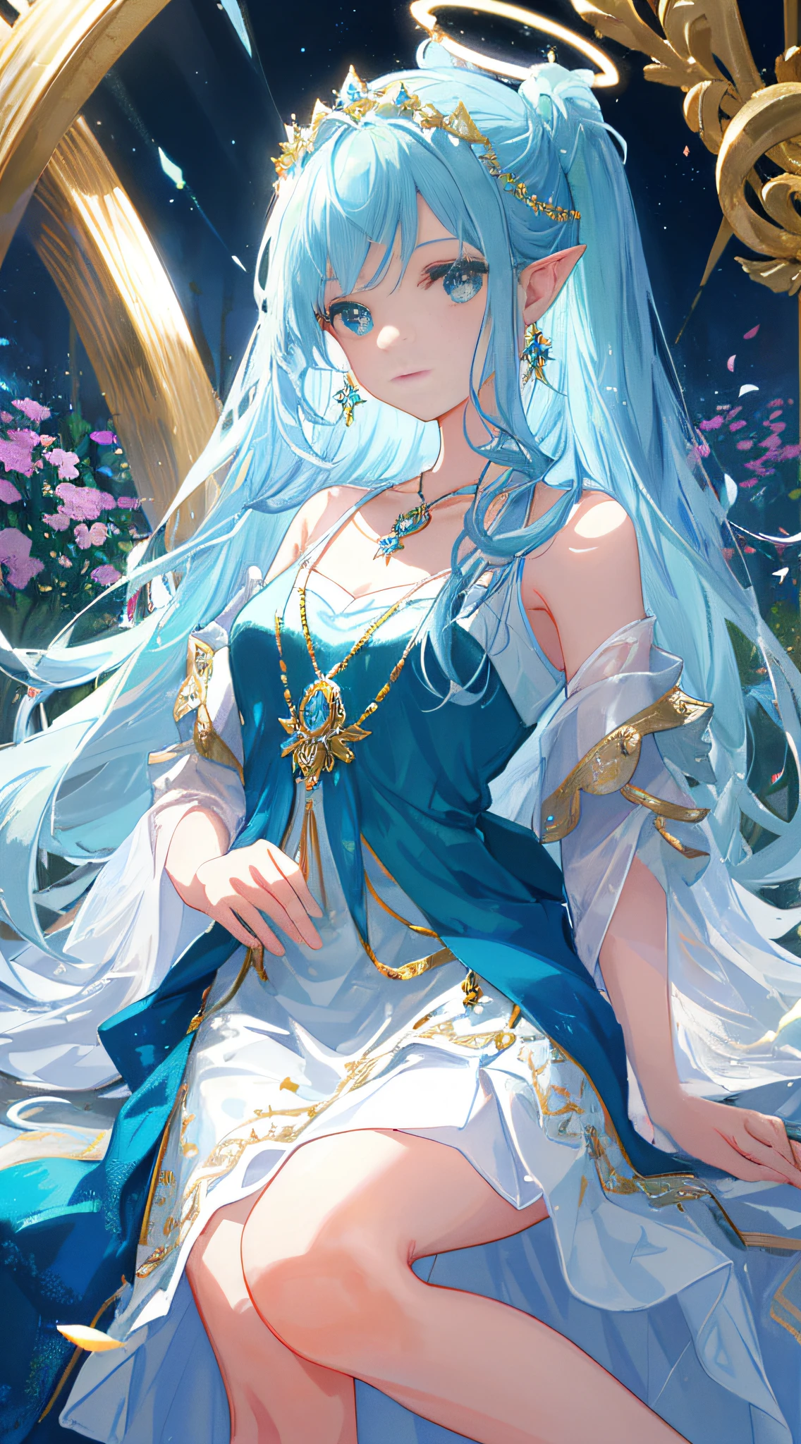 Masterpiece, Essentials, Illustrations, Saxophone Blue, Platinum Earrings, 1Girl, Cute, (Dynamic light: 1.2), cinematic light, delicate facial features, detailed eyes, sharp pupils, realistic pupils, depth of field, background bokeh, clear focus, (super detailed, halo, luminescence: 1.4), many small gems, a crown of gold silk thread intertwined in the ice blue hair, the ears behind the hair have pointed ears, the girl's face is beautiful, a necklace with a blue crystal pendant falls between the collarbones, and then below is a full white chest, wearing a long aqua blue skirt, delicate and gorgeous, the skirt has a small pendant made of various colored gemstones in the style of water drops, in the garden, surrounded by pink flowers, petals fall