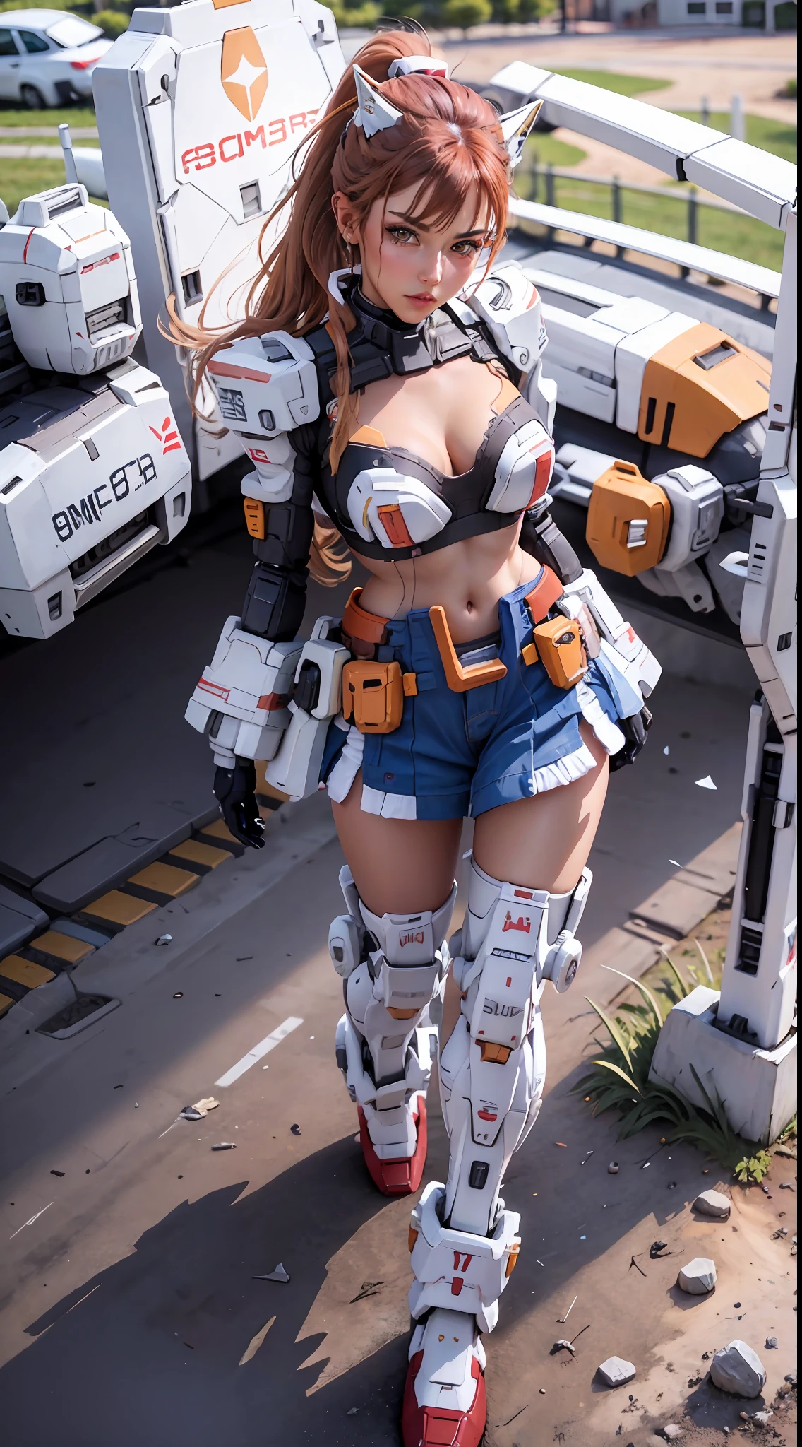 Gundam \(RX78\), Ultra High Resolution, Best Quality, Photo, 4K, (Realistic:1.4), 1 Girl, Solo, (Full Body: 1.1), Ponytail, Brunette Hair, Beautiful Face, Beautiful Eyes, Dynamic Pose, Dynamic Angle, Lake Outside the Park, Mecha Armor, Depth of Field, Motion Line, Lively Breasts, Bra Lift, Breast Slippery, Detailed Eyes, Masterpiece, Detailed Lips