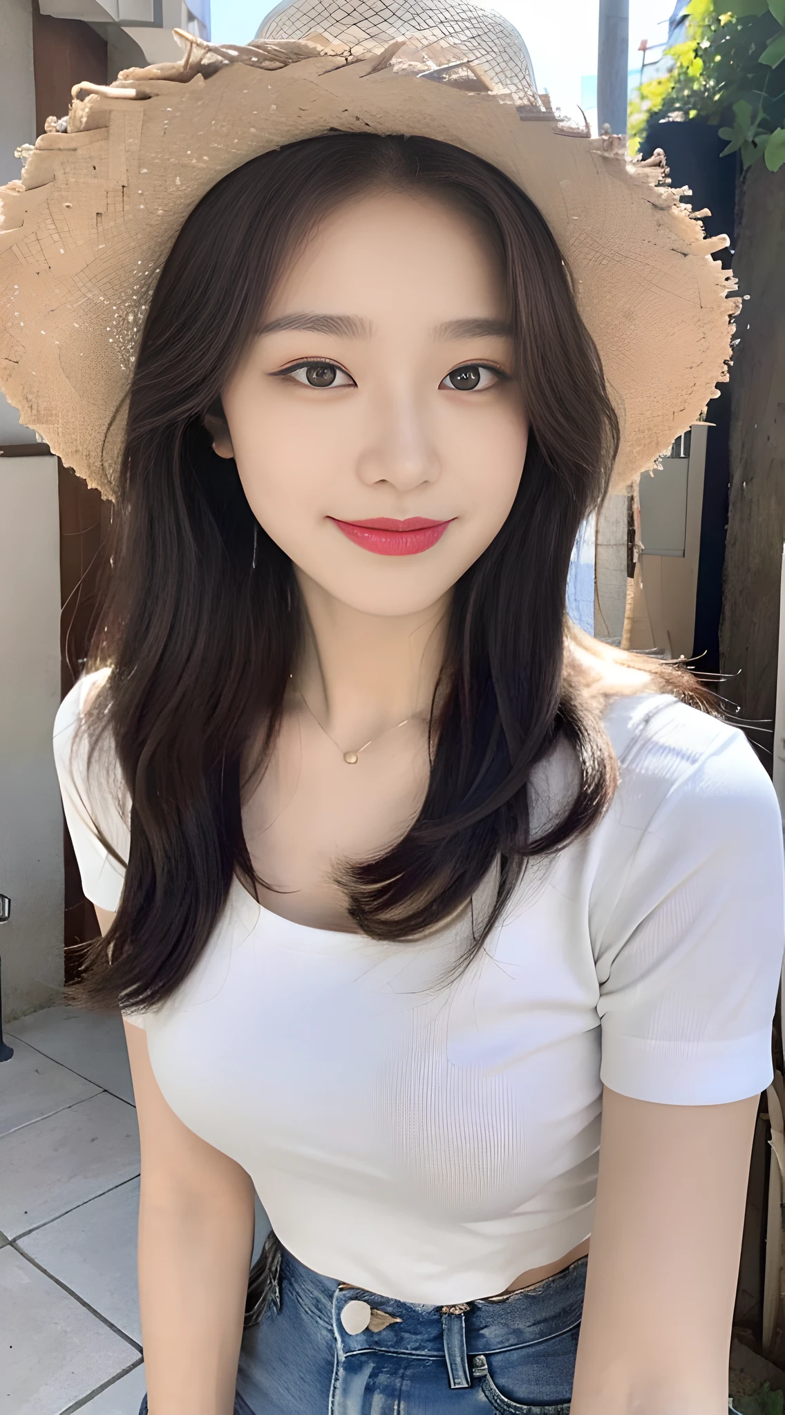 ((Best Quality, 8K, Masterpiece: 1.3)), (Sunscreen Straw Hat: 1.3), Focus: 1.2, Perfect Body Beauty: 1.4, Buttocks: 1.2, (Layered Haircut: 1.2)), (Dark Street: 1.3), Highly Detailed Face and Skin Texture, Full Body, Delicate Eyes, Double Eyelids, Whitened Skin, Long Hair, (Round Face: 1.5), (Short Sleeves, Shorts: 1.6). smile