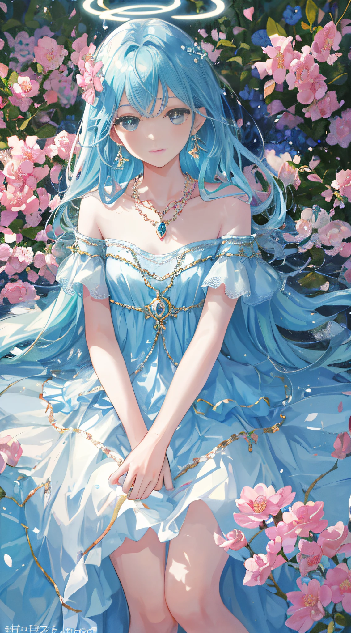 Masterpiece, Essentials, Illustrations, Saxophone Blue, Platinum Earrings, 1Girl, Cute, (Dynamic light: 1.2), cinematic light, delicate facial features, detailed eyes, sharp pupils, realistic pupils, depth of field, background bokeh, clear focus, (super detailed, halo, luminescence: 1.4), many small gems, a crown of gold silk thread intertwined in the ice blue hair, the ears behind the hair have pointed ears, the girl's face is beautiful, a necklace with a blue crystal pendant falls between the collarbones, and then below is a full white chest, wearing a long aqua blue skirt, delicate and gorgeous, the skirt has a small pendant made of various colored gemstones in the style of water drops, in the garden, surrounded by pink flowers, petals fall